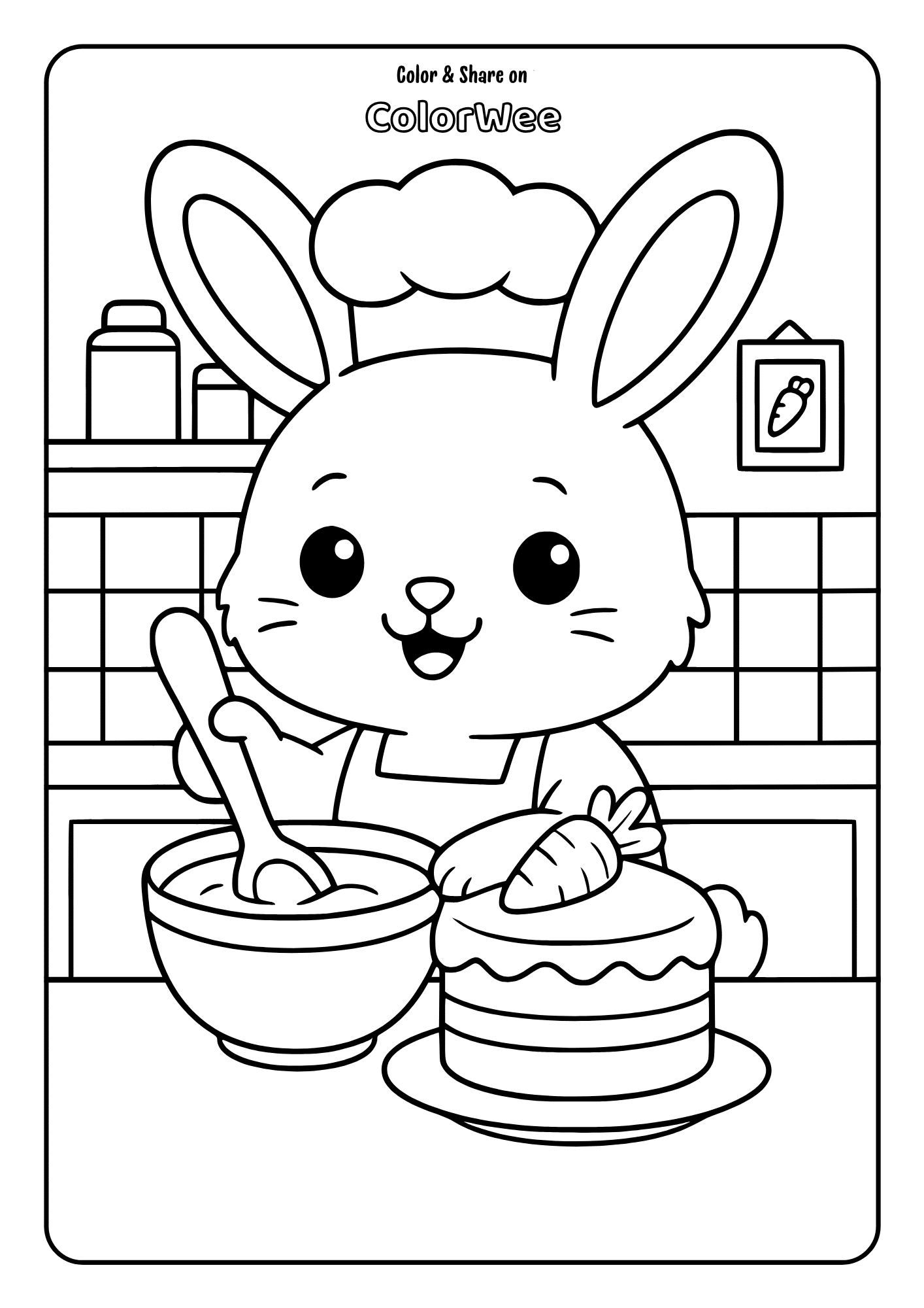 Bunny chef is baking a carrot cake in the kitchen.