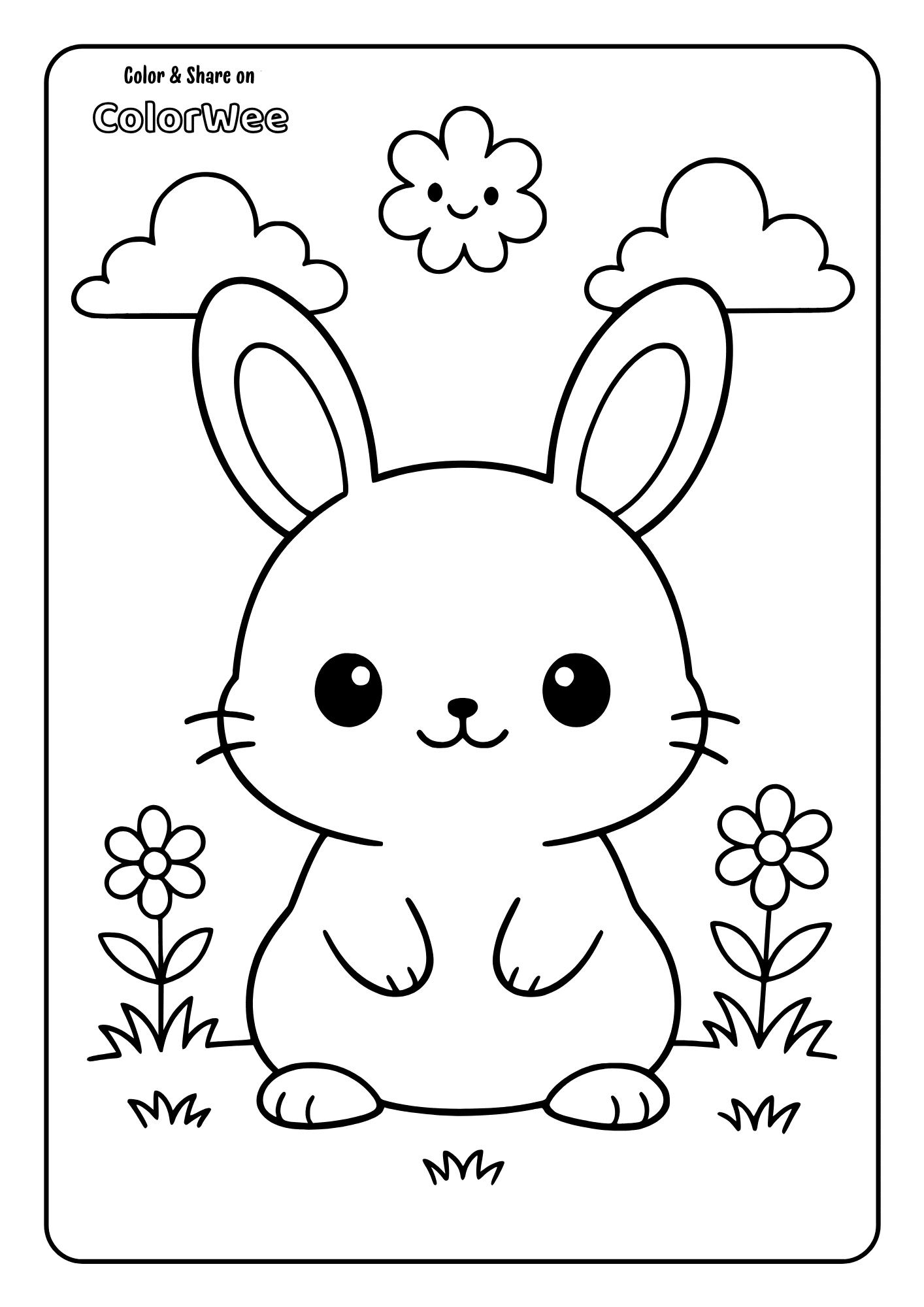 A baby bunny is sitting in a spring meadow, with two colorful flowers blooming behind him