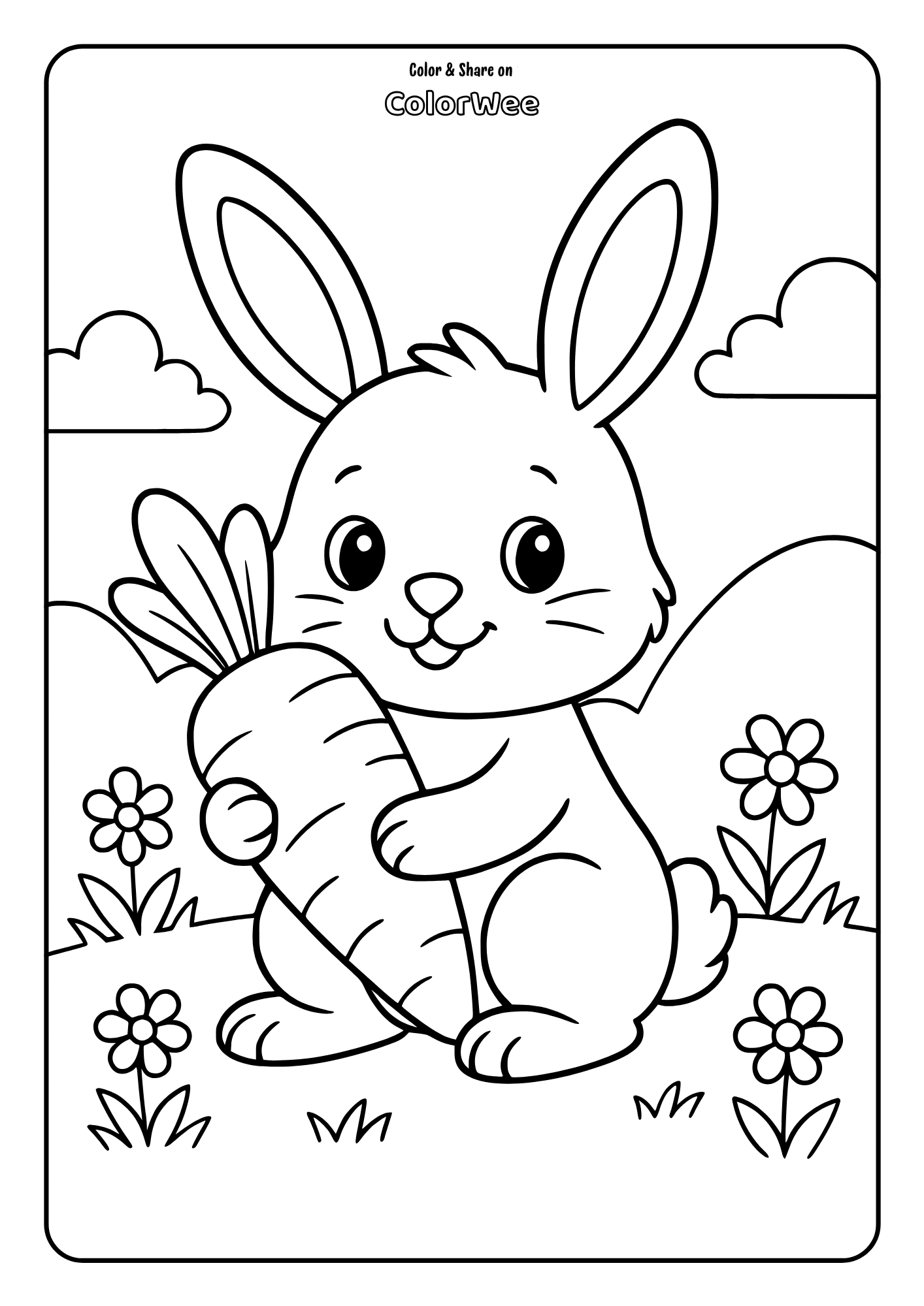 This baby bunny have found a big carrot. There is spring meadow behind him .