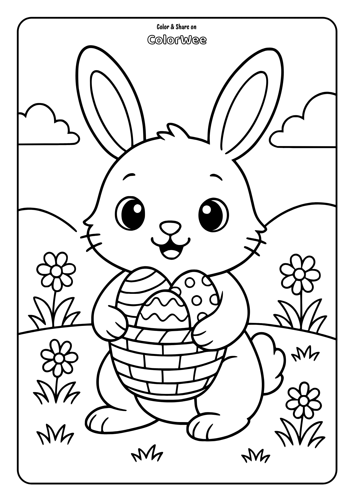 Bunny in this coloring page is carrying basket full of Easter eggs. There are many flowers around him.