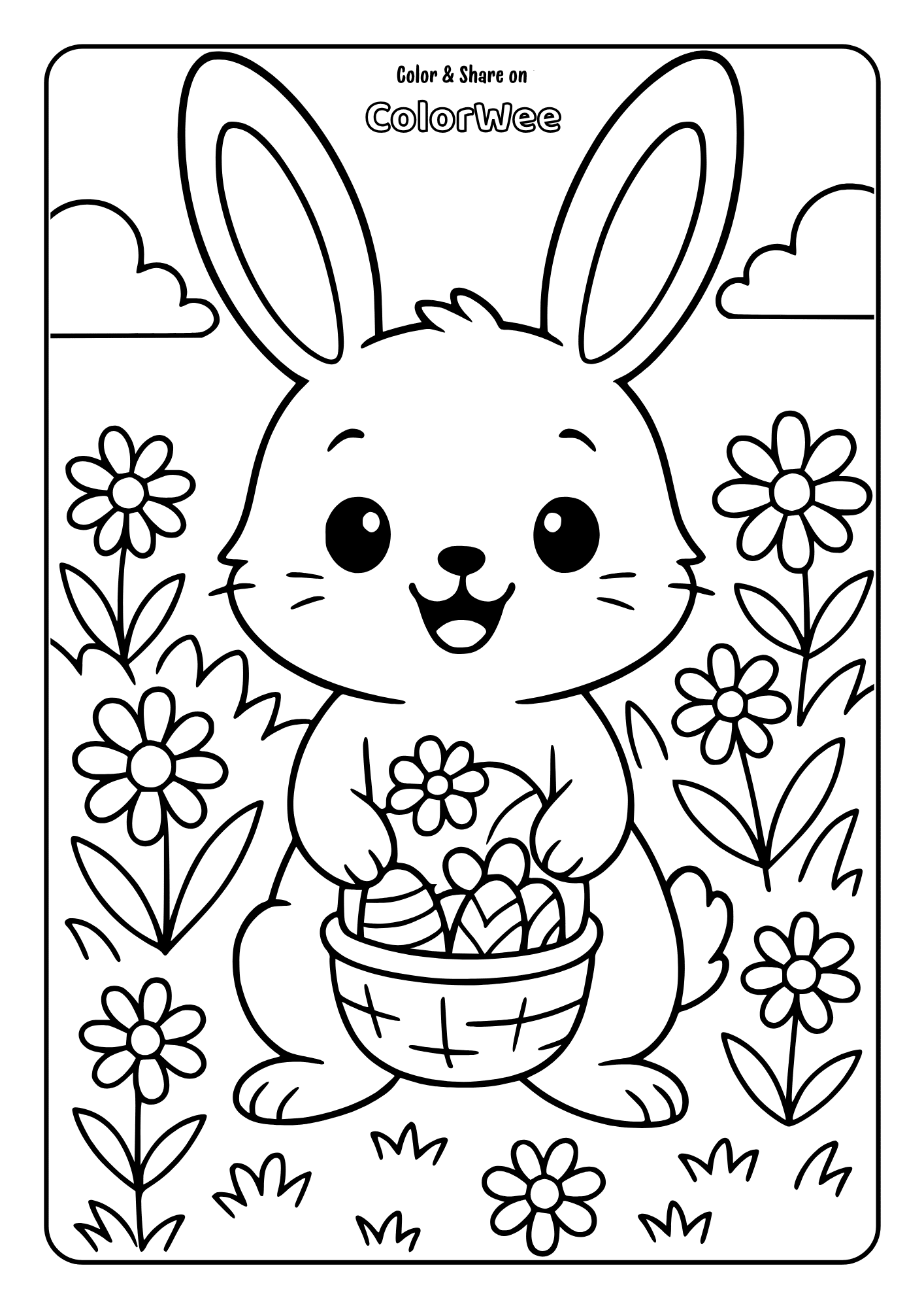Happy Easter bunny with basket full of eggs standing in meadow surrounded by flowers.