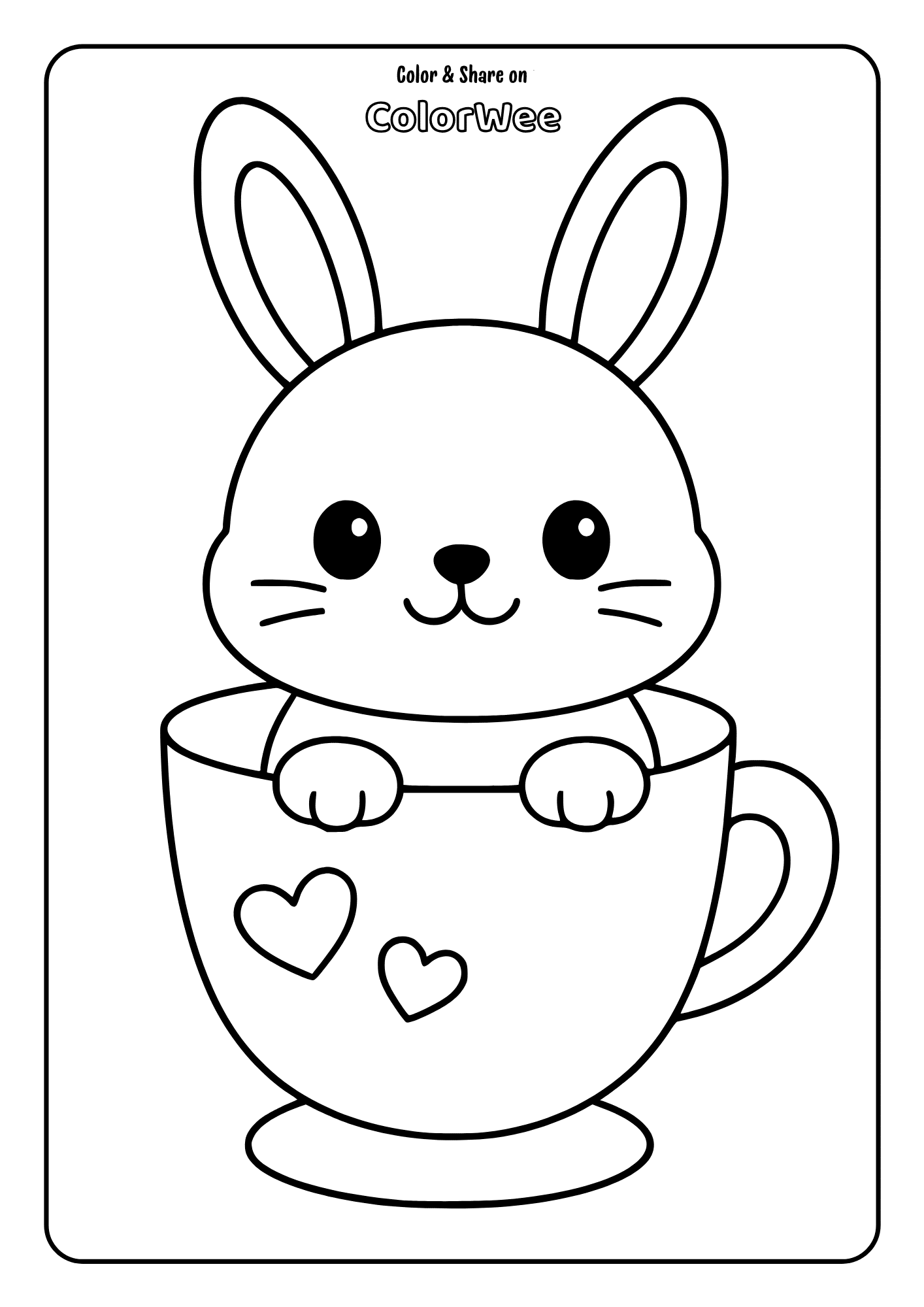 Cute baby bunny sitting in the empty tea cup decorated with hearts