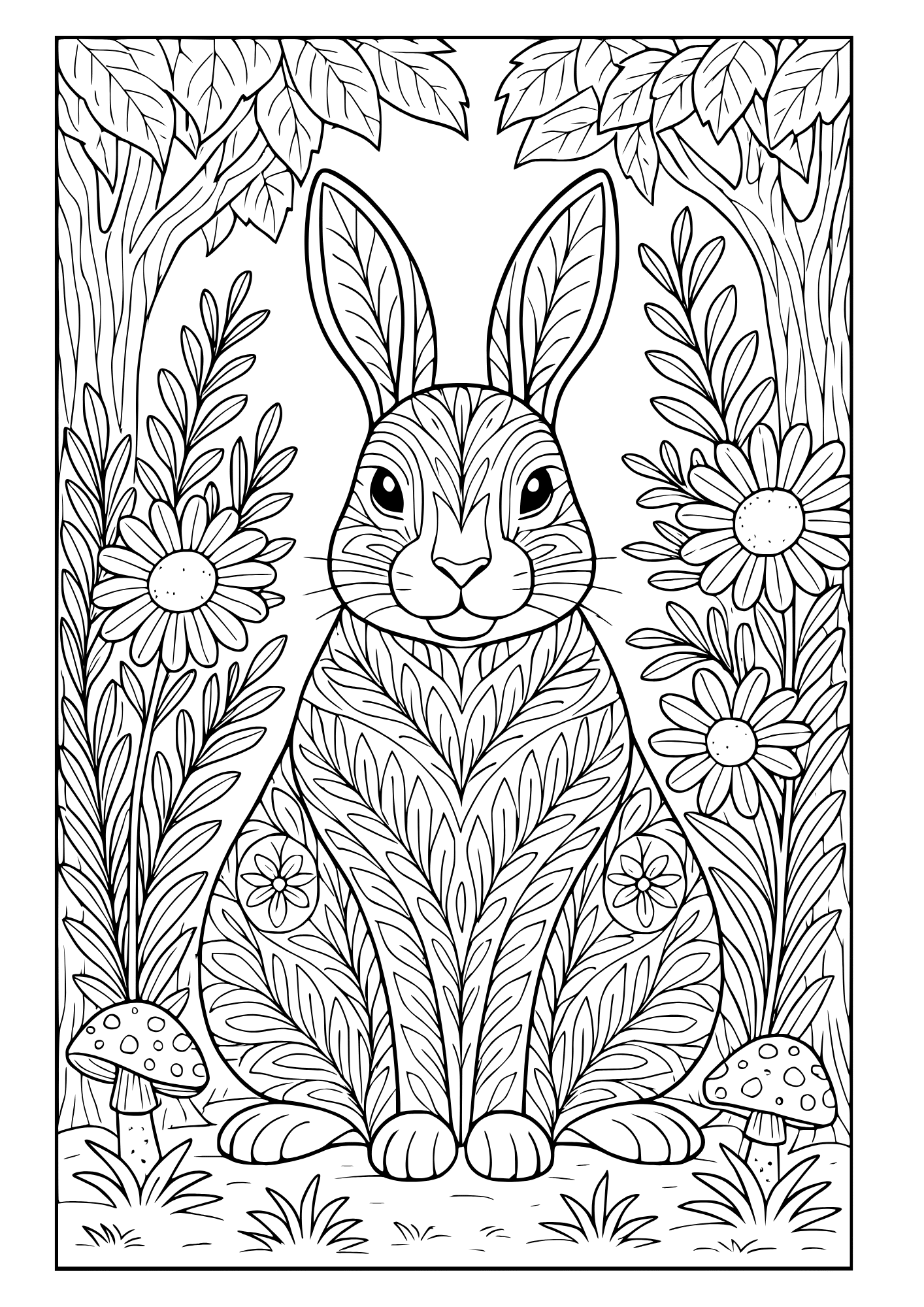 Big rabbit in forrest. Advanced coloring page.