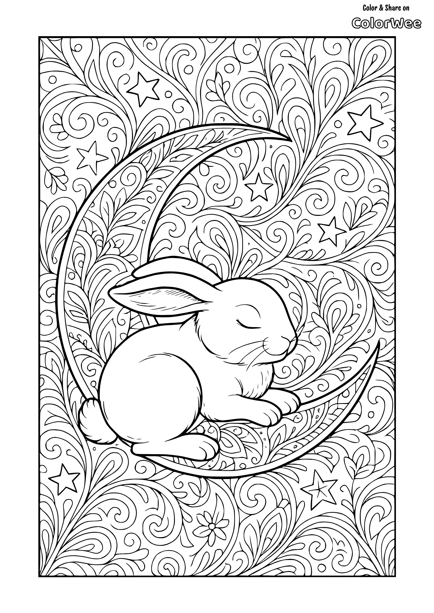 Sleeping adult rabbit on the moon coloring page