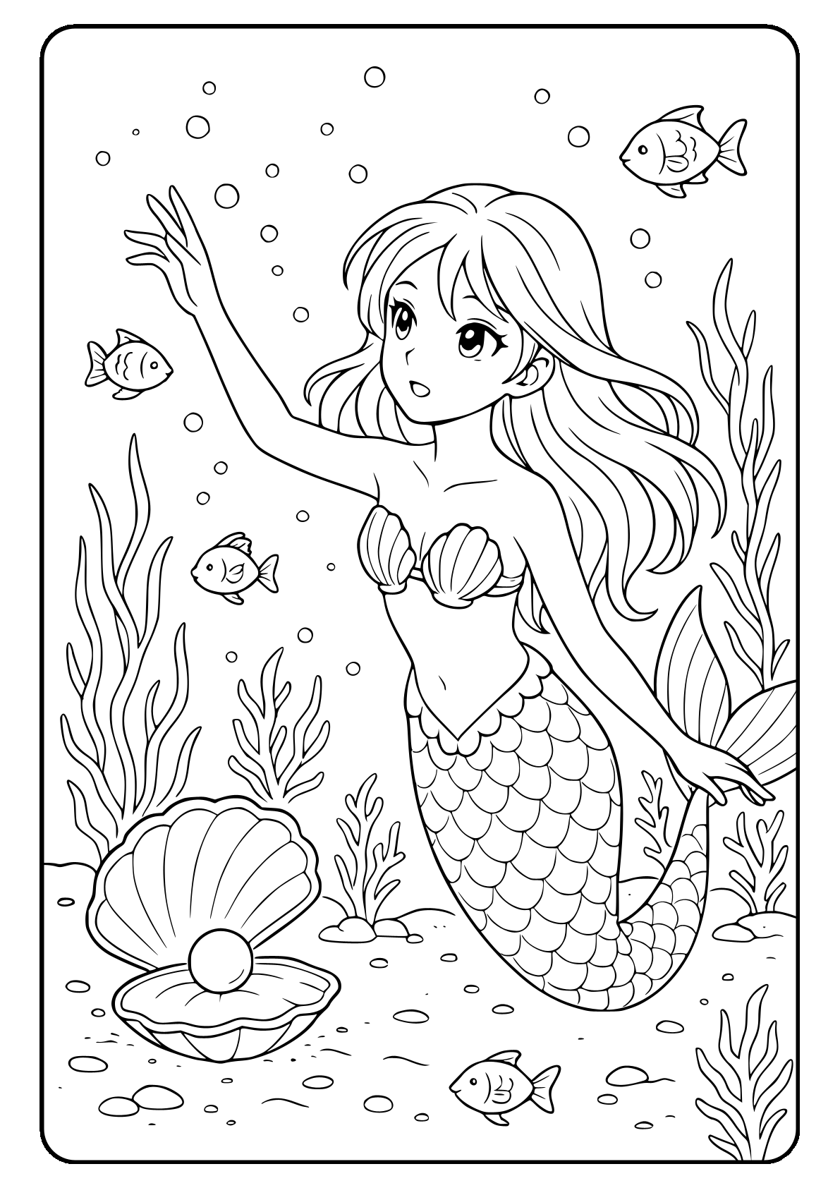 Anime mermaid coloring page Mermaid Coloring Page: Underwater Scene with Fish and Seashell