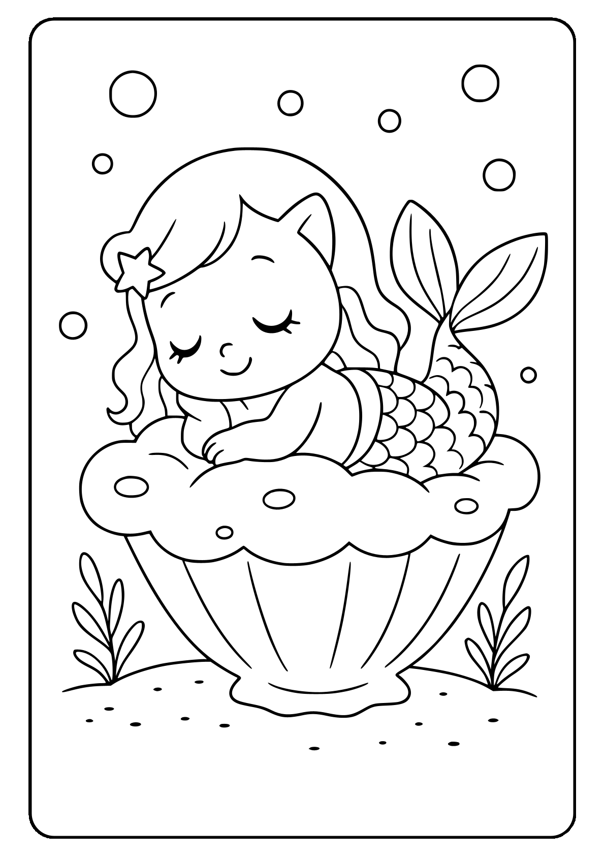 Baby mermaid sleeping on a sea sponge Cute mermaid kitten coloring page with bubbles and starfish.