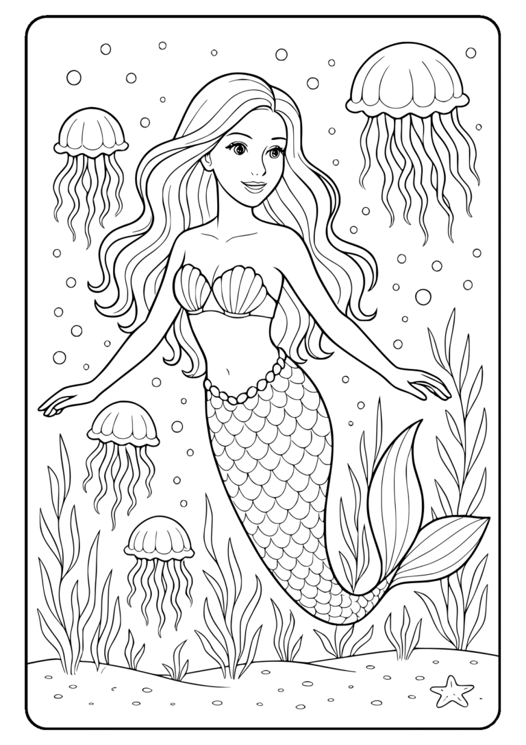 Mermaid coloring page with jellyfish and sea plants