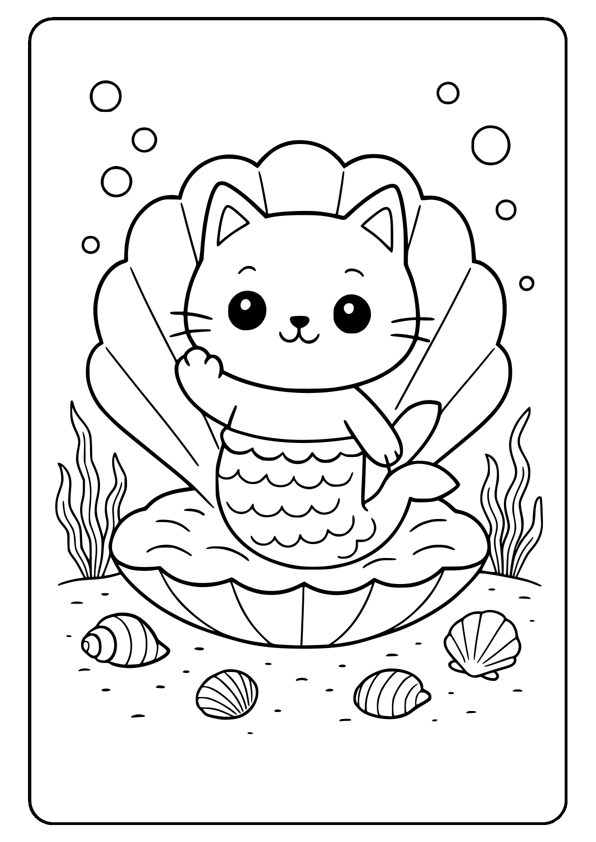 Cat mermaid waving from a shell Mermaid cat in clam shell coloring page for kids.