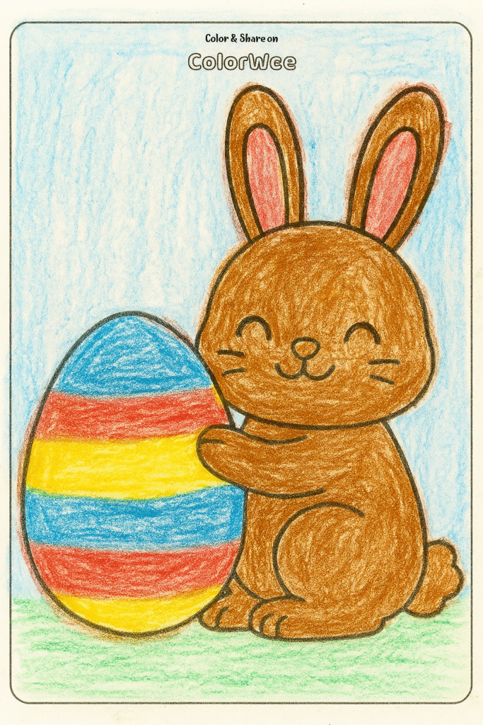Colored cute bunny with colorful Easter egg coloring page.