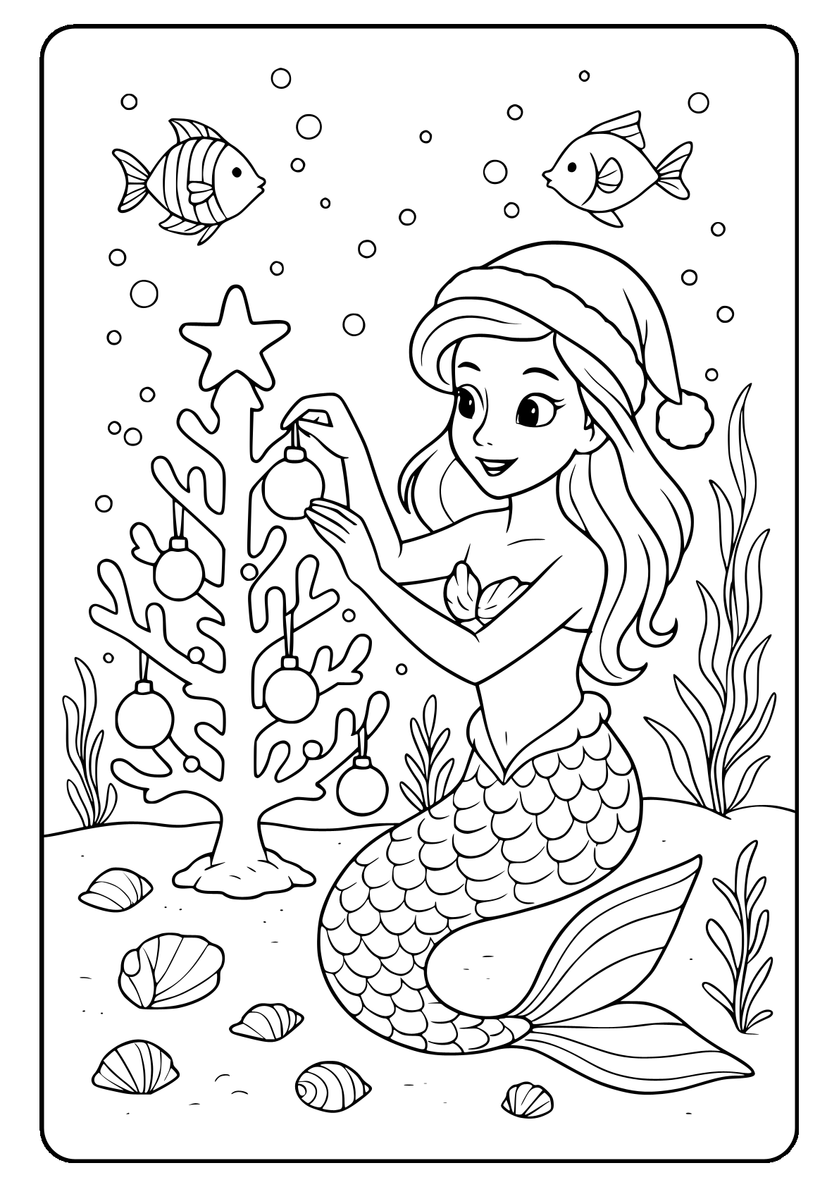 Christmas mermaid coloring page Mermaid decorating underwater Christmas tree coloring page.