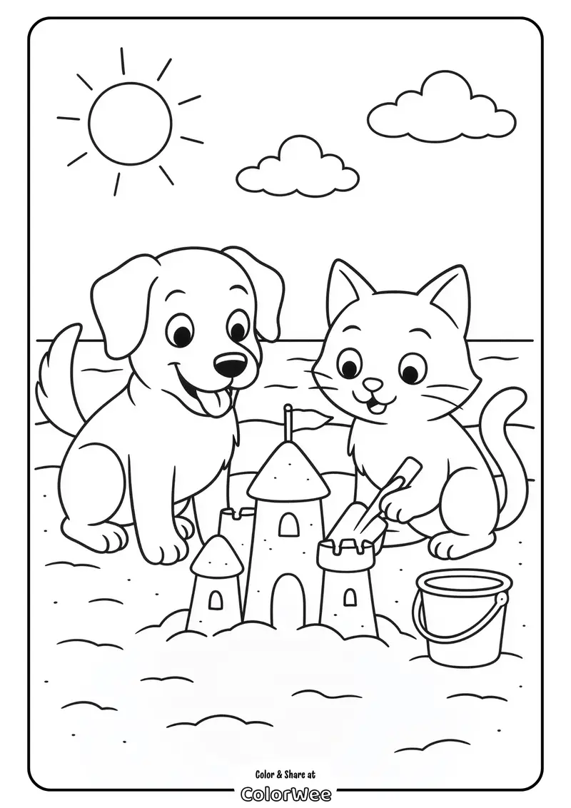 Dog and cat building sandcastle Dog and cat building sandcastle on sunny beach coloring page.