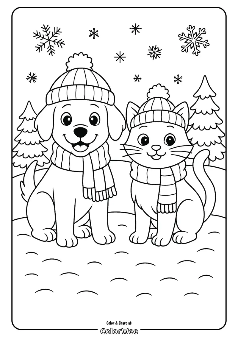 Dog and cat dressed for winter Winter dog and cat coloring page with snow and trees.