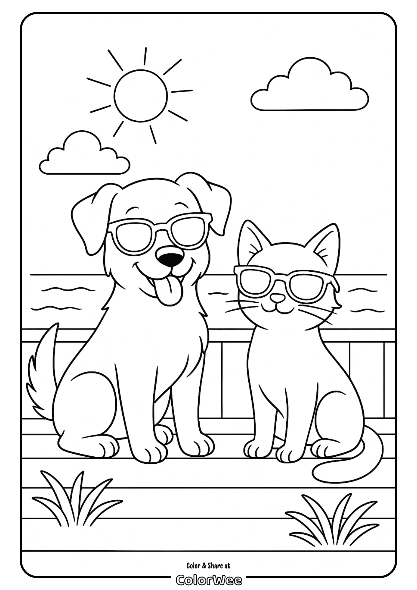 Dog and cat wearing sunglasses Dog and cat in sunglasses by the beach, sunny day coloring page.