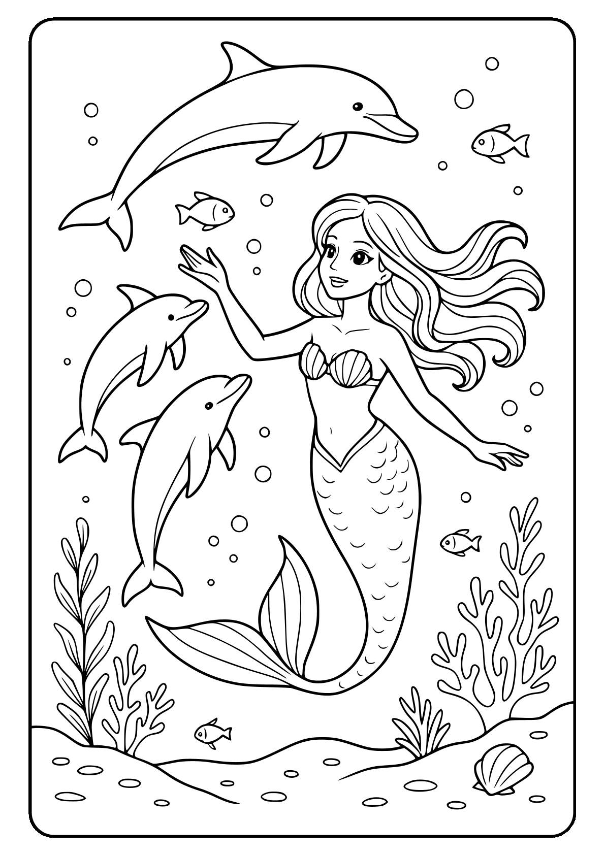 Dolphin mermaid coloring page Mermaid swimming with dolphins and fish in an ocean scene coloring page.