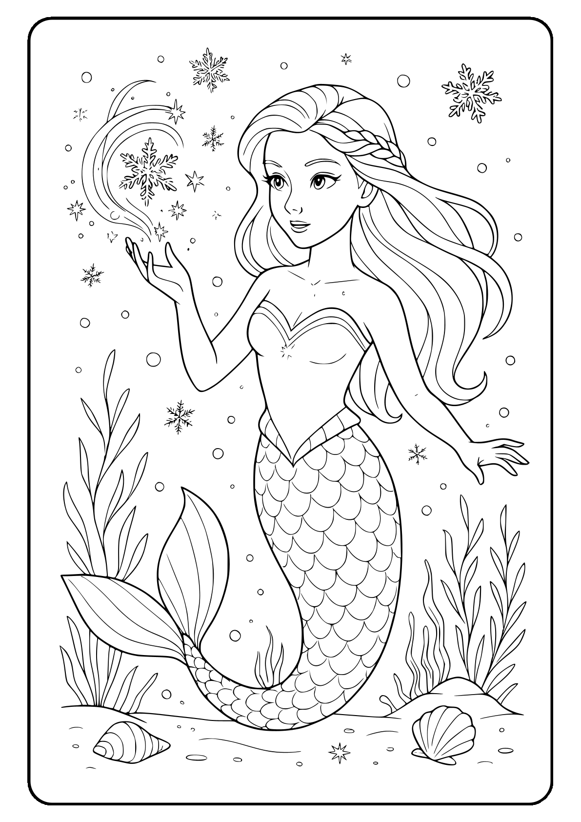 Elsa mermaid coloring page Mermaid with long hair and snowflakes coloring page.