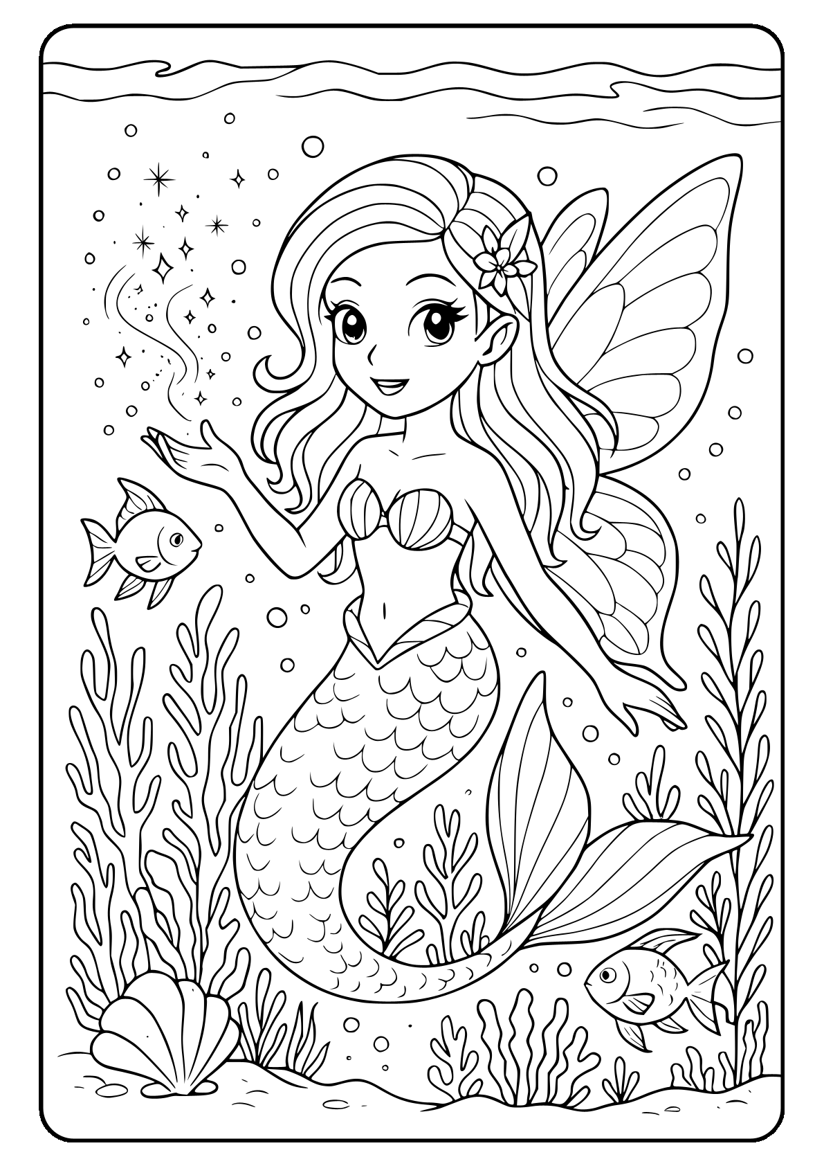 Fairy mermaid coloring page Mermaid coloring page with fish and underwater scene.