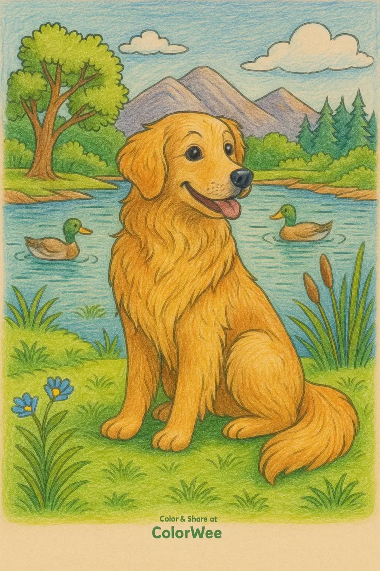 Golden retriever by a lake with trees and ducks