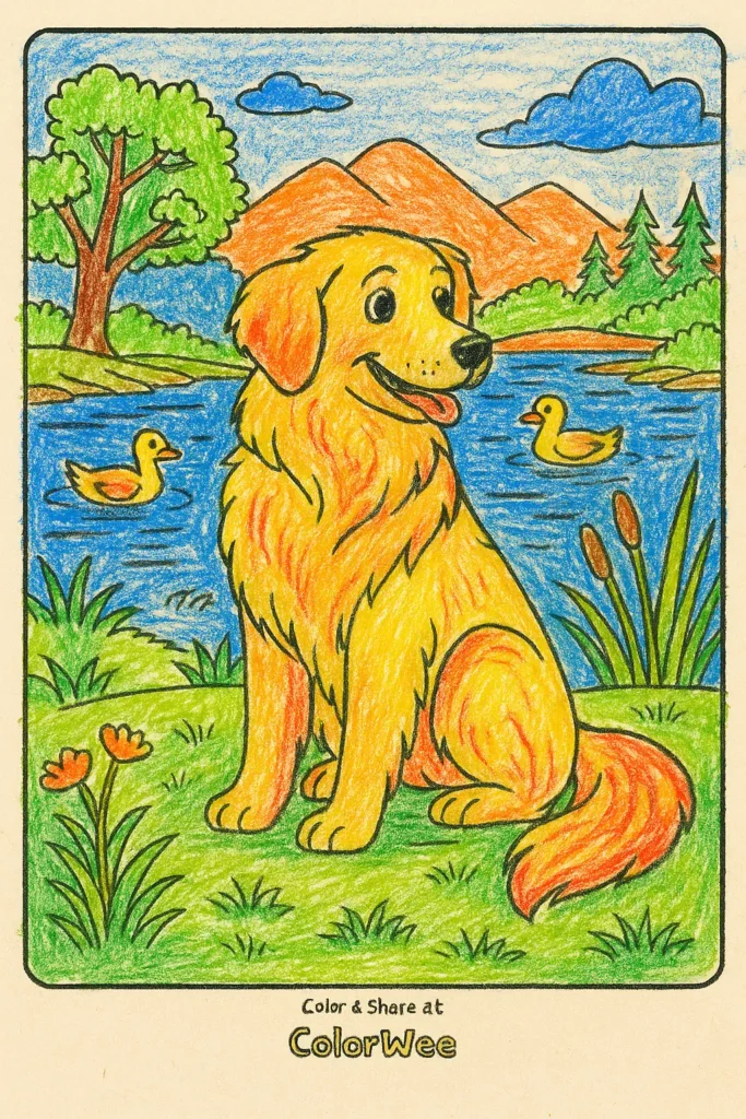 Golden Retriever Coloring Page Colored Golden retriever by a lake with ducks