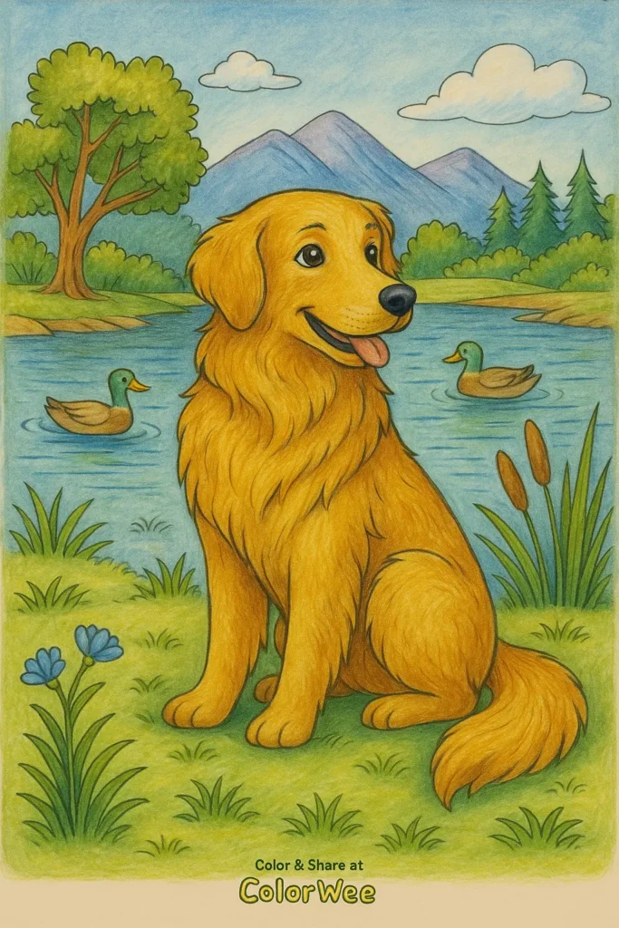 Golden Retriever Profesionally Colored Golden retriever by a lake with ducks and mountains.