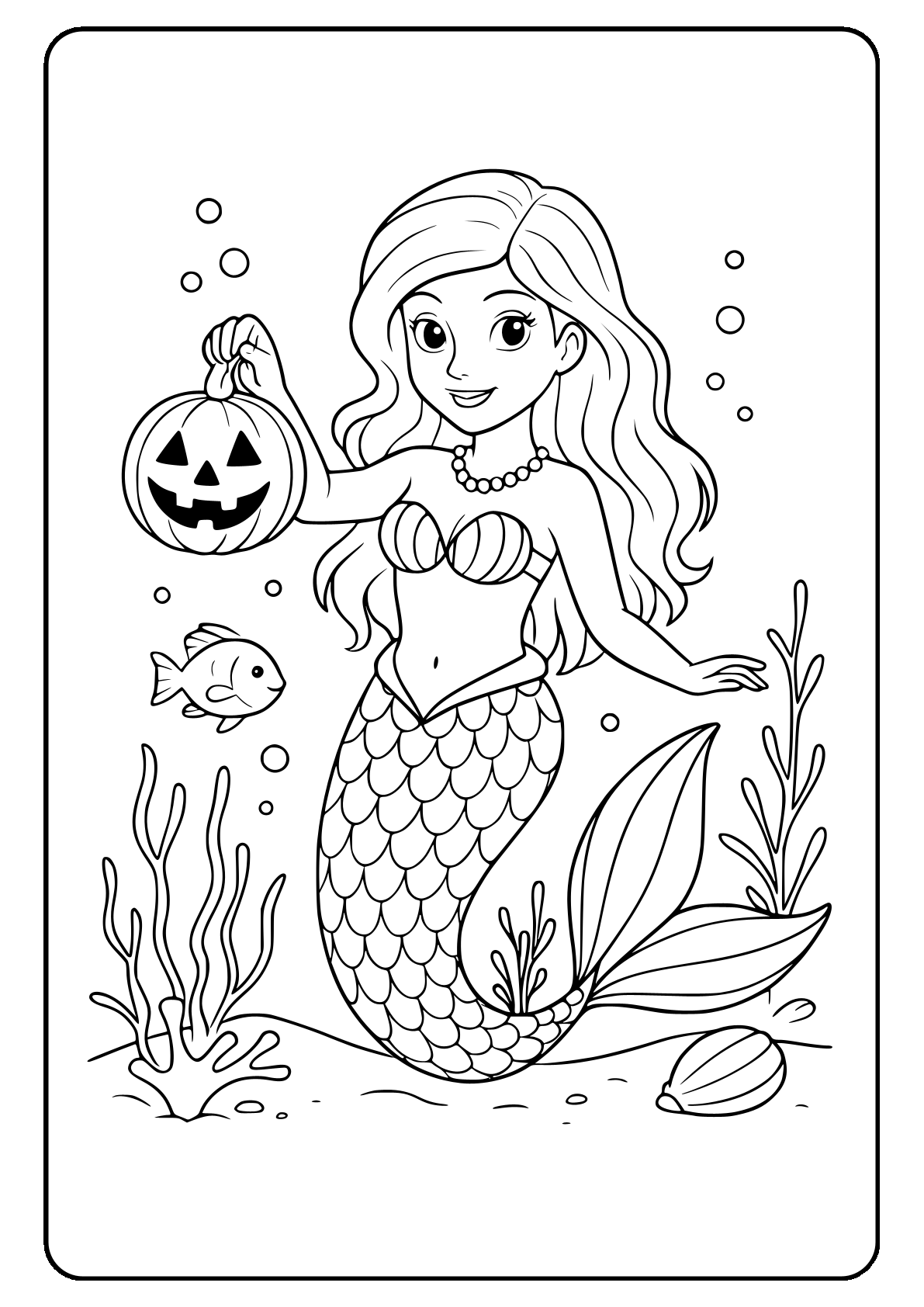 Halloween mermaid coloring page Mermaid with pumpkin lantern coloring page for Halloween fun.