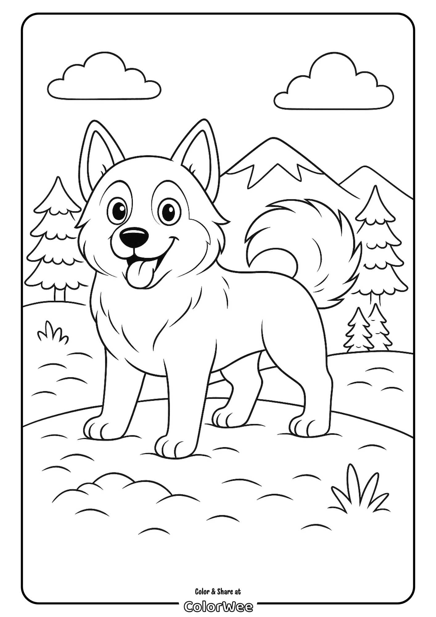 Happy husky in the mountains Cute cartoon dog in a scenic mountain landscape coloring page.
