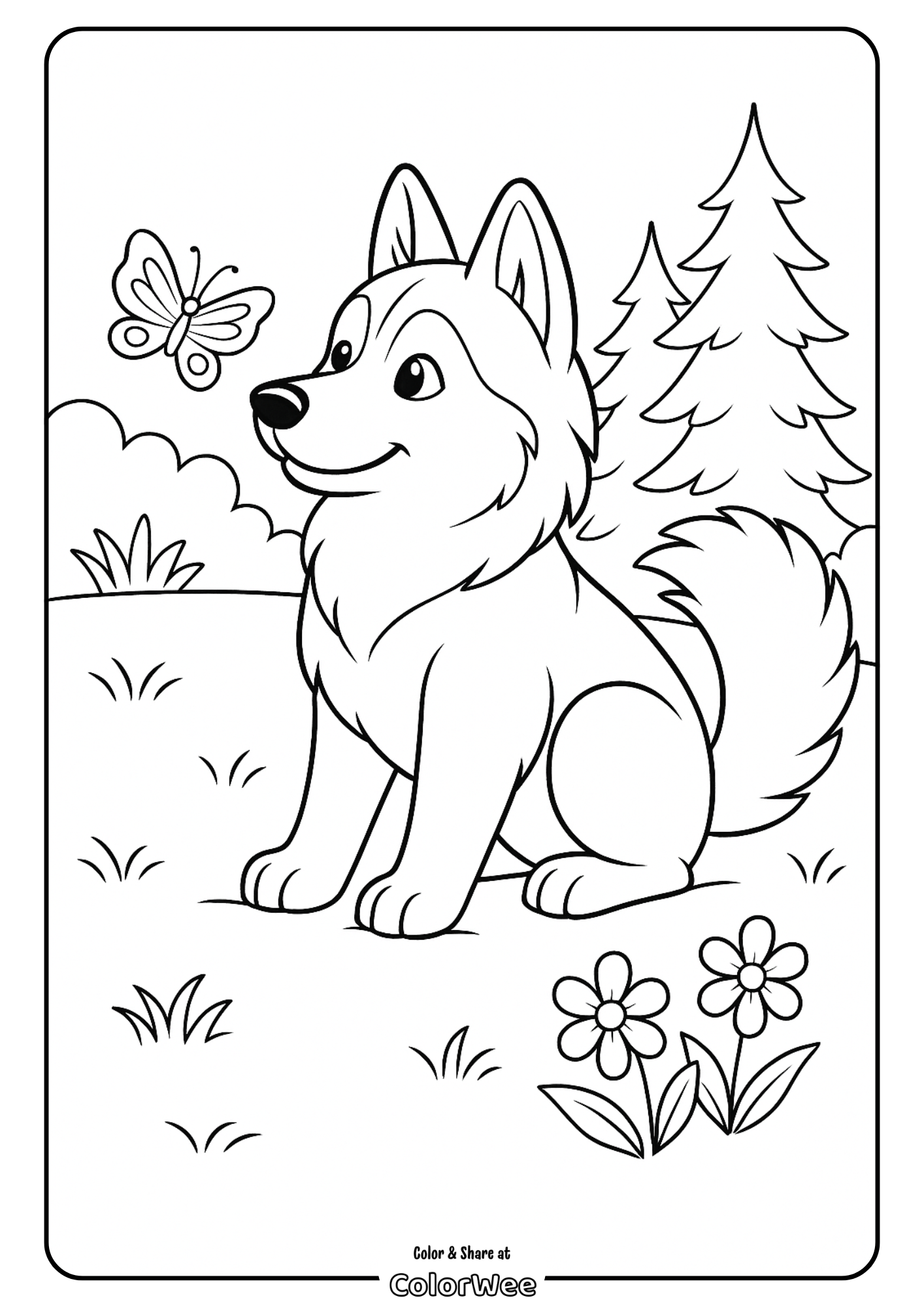 Husky and butterfly Cute dog and butterfly in nature coloring page for kids.