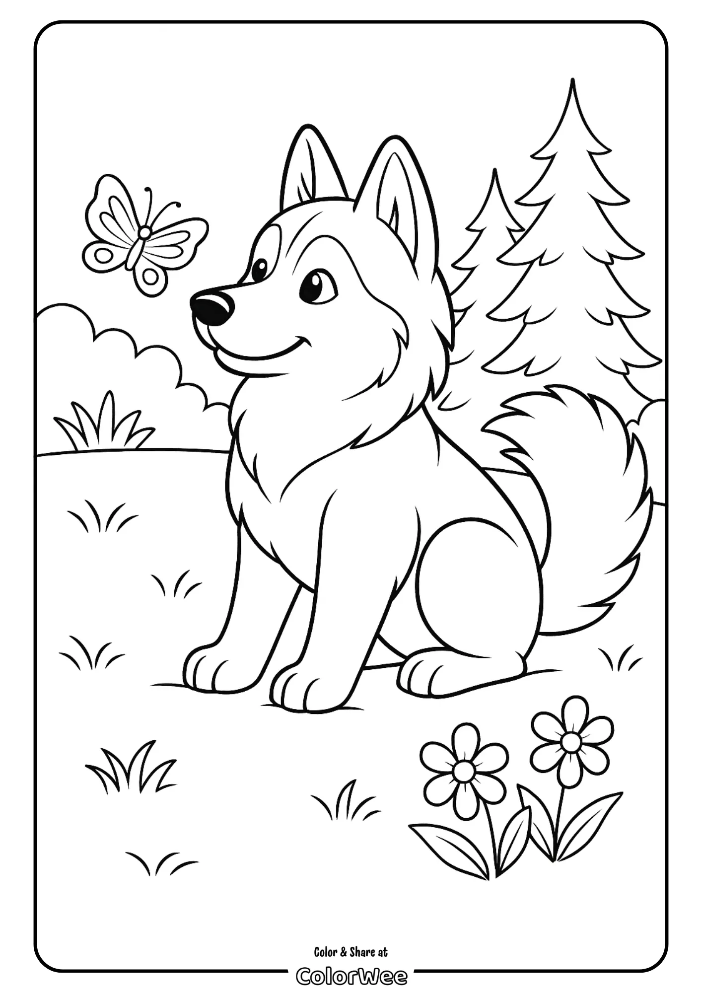 Cute husky and butterfly in nature coloring page for kids.