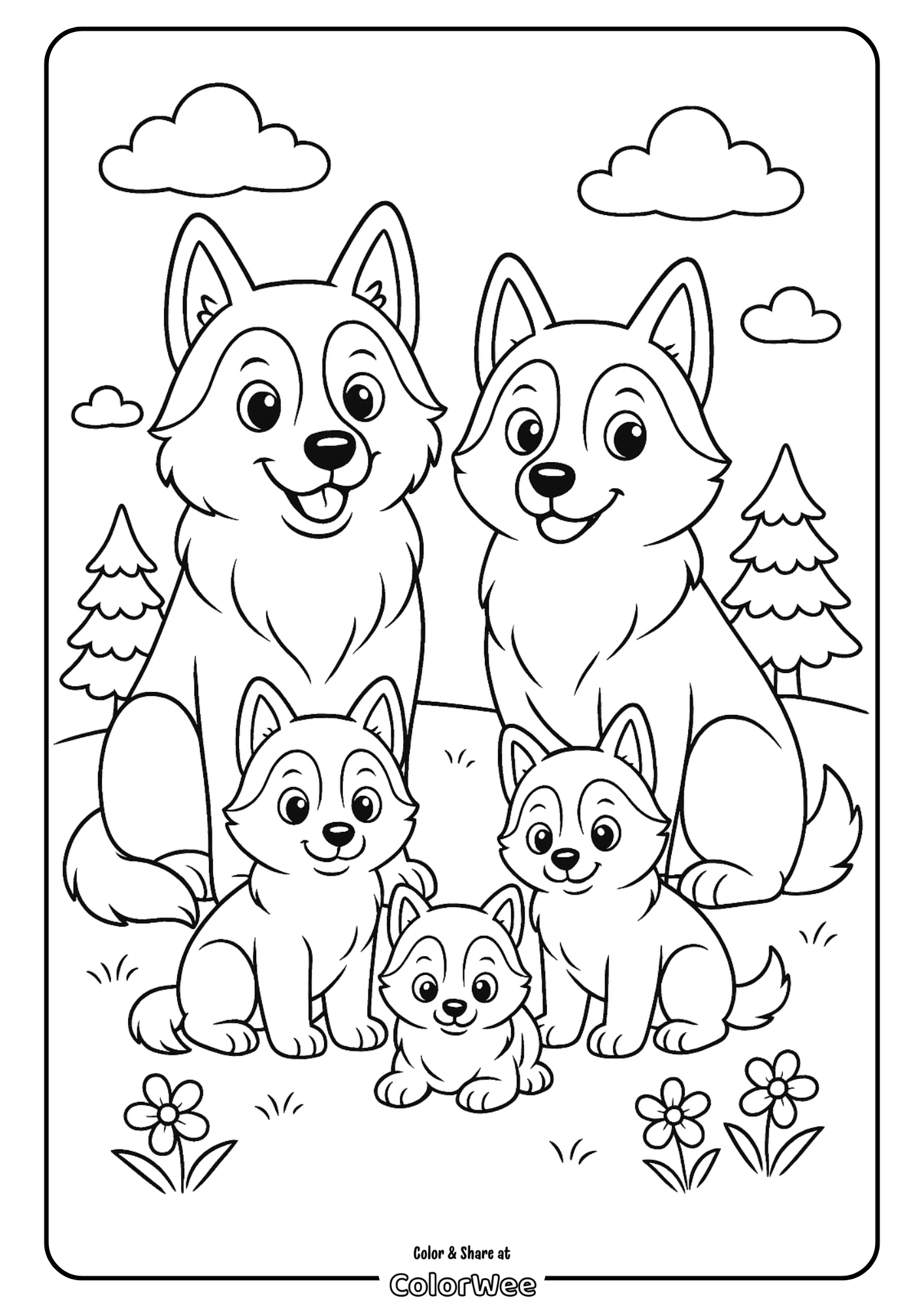 Husky family with puppies Adorable wolf family coloring page with puppies in a forest setting.