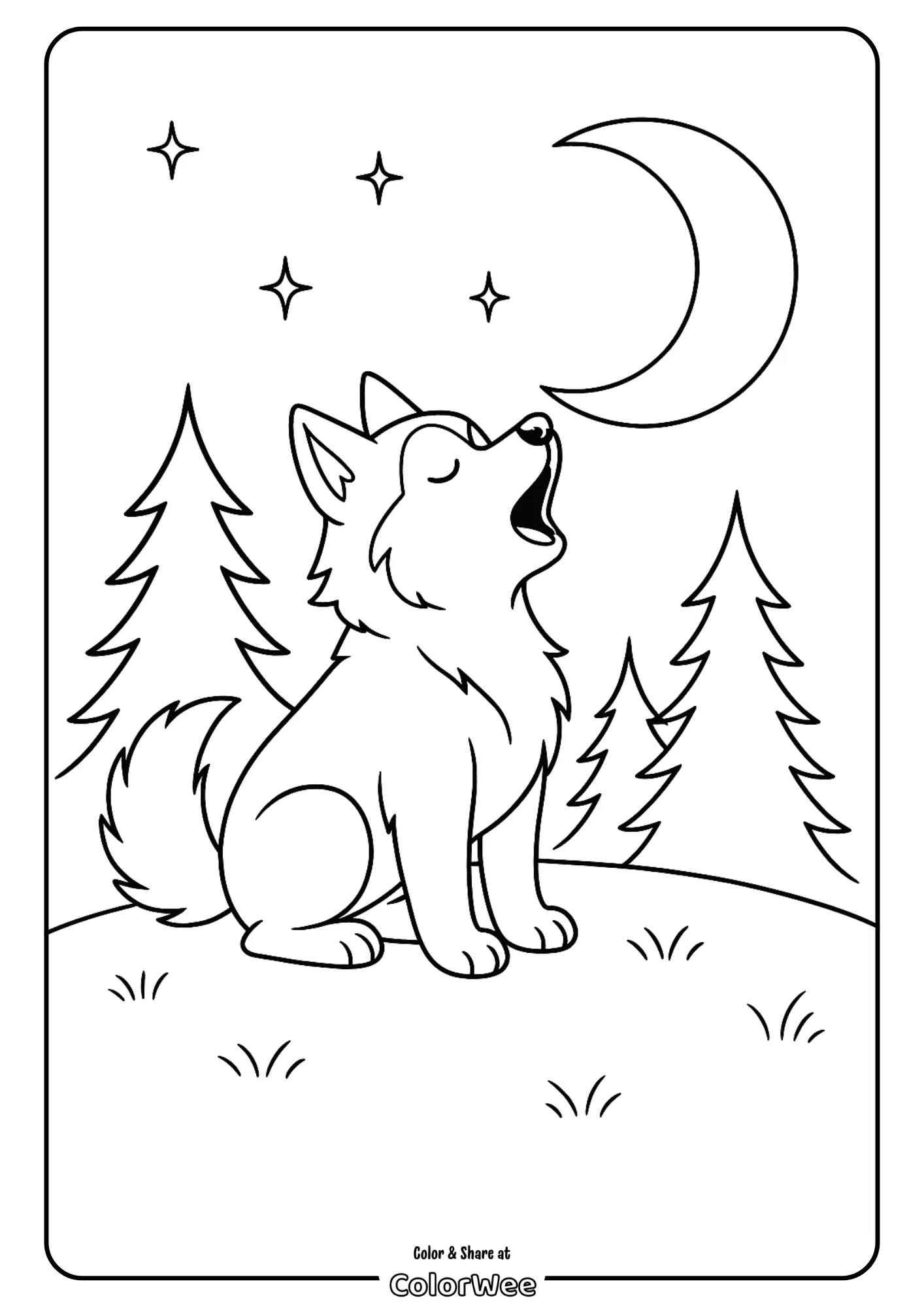 Husky howling at the moon coloring page with trees and stars.