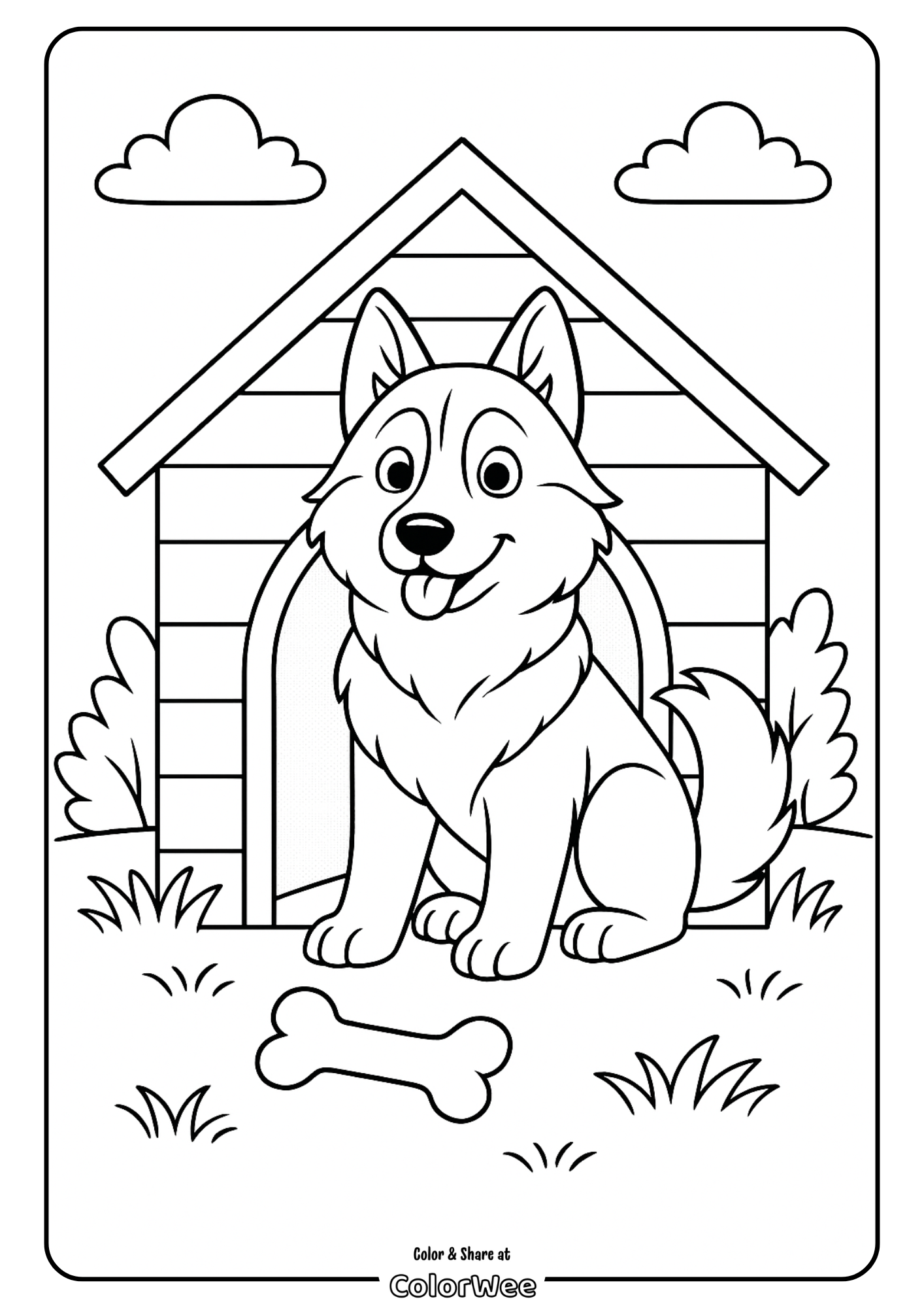 Husky in a dog house Dog and doghouse coloring page for kids
