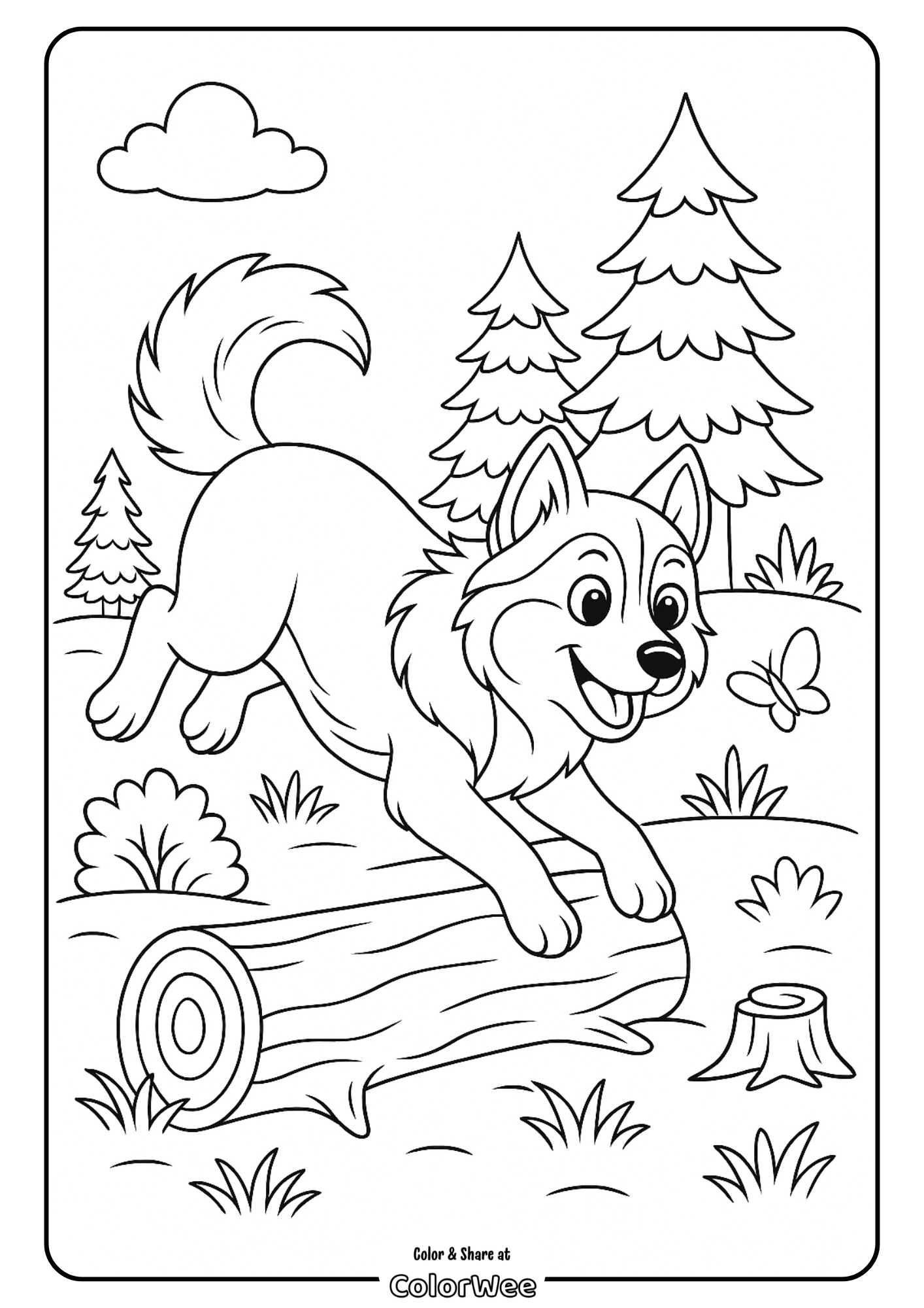 Husky jumping over log Happy dog jumping over log in forest coloring page.