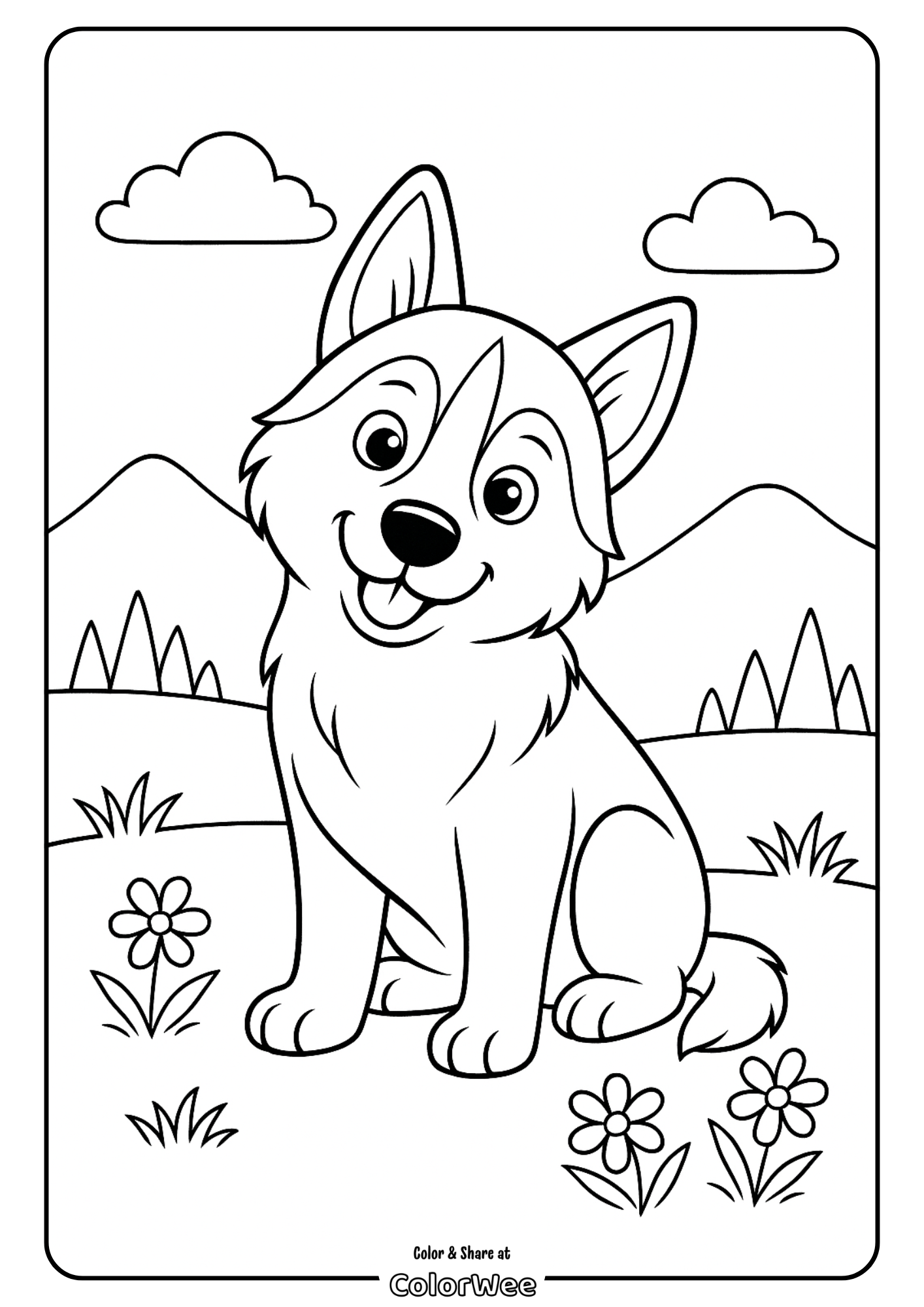 Husky looking curious Coloring page of a happy dog with mountains and flowers.
