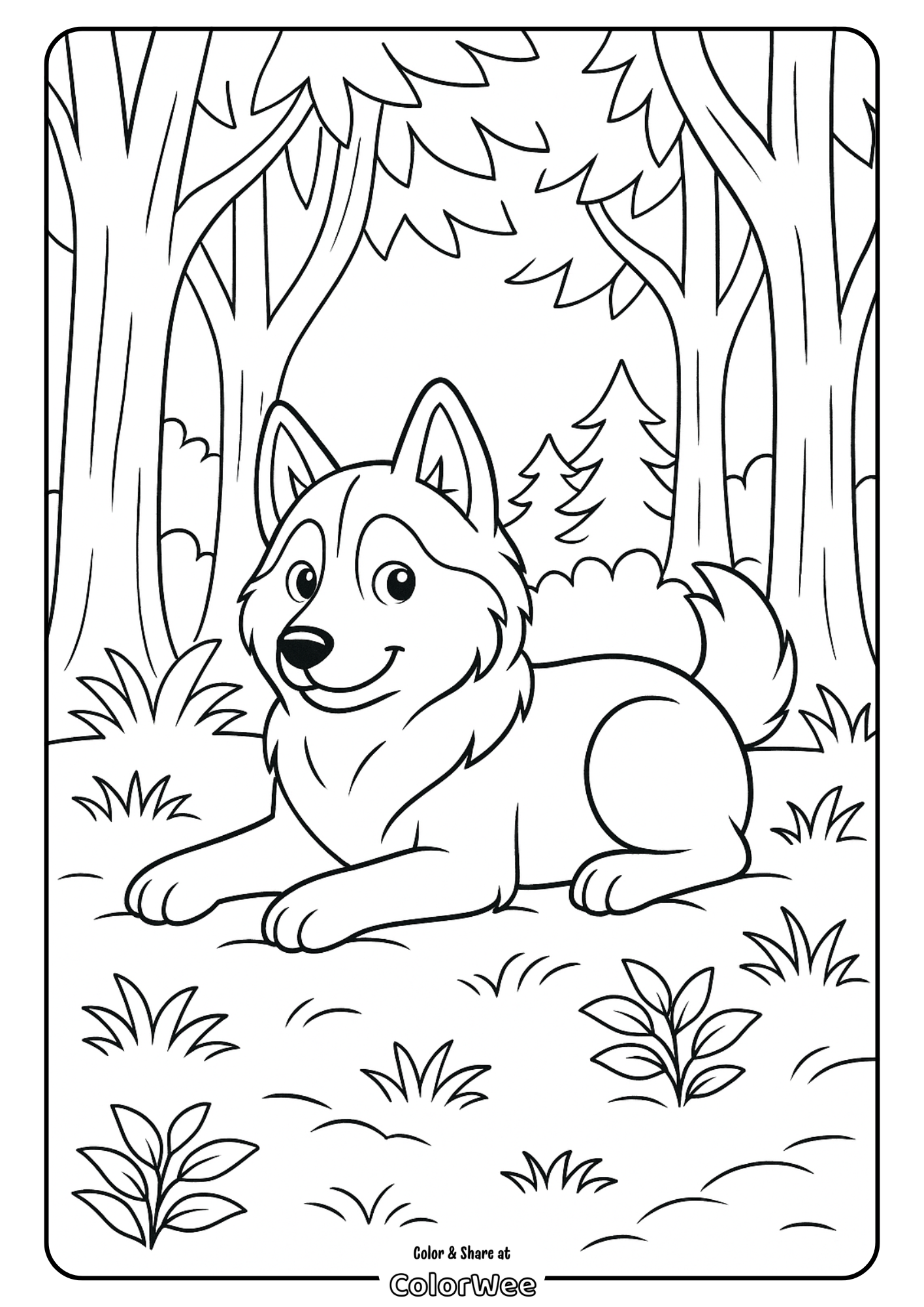 Husky resting in the forest Cute dog in forest coloring page for kids.