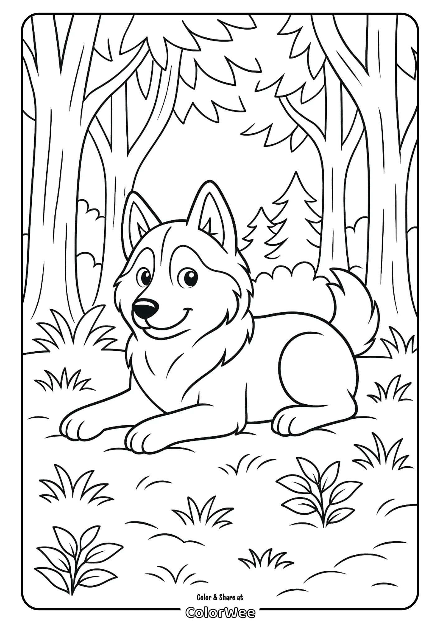 Cute husky dog in forest coloring page for kids.