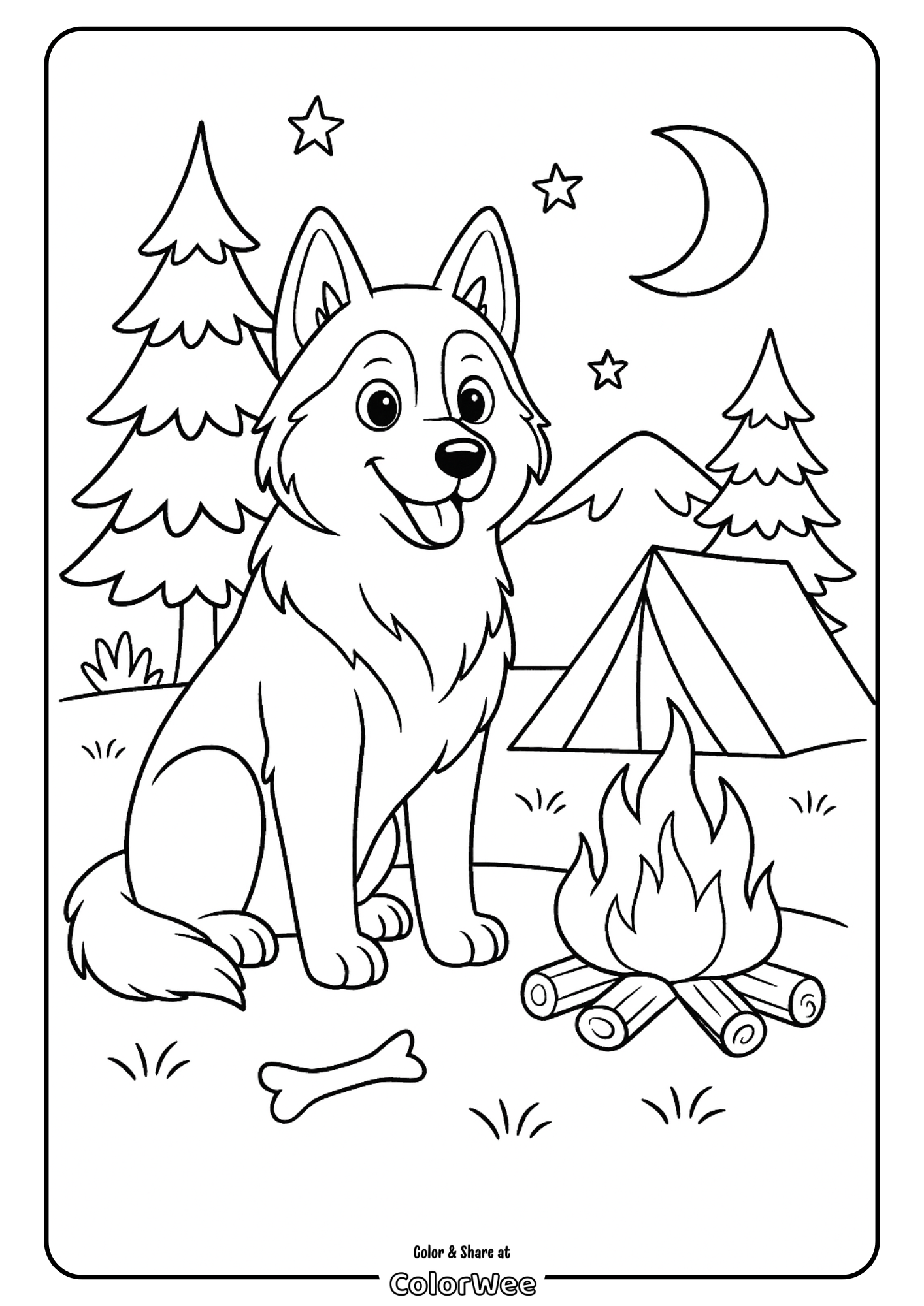 Husky sitting by campfire Dog at campfire coloring page with tent and trees.