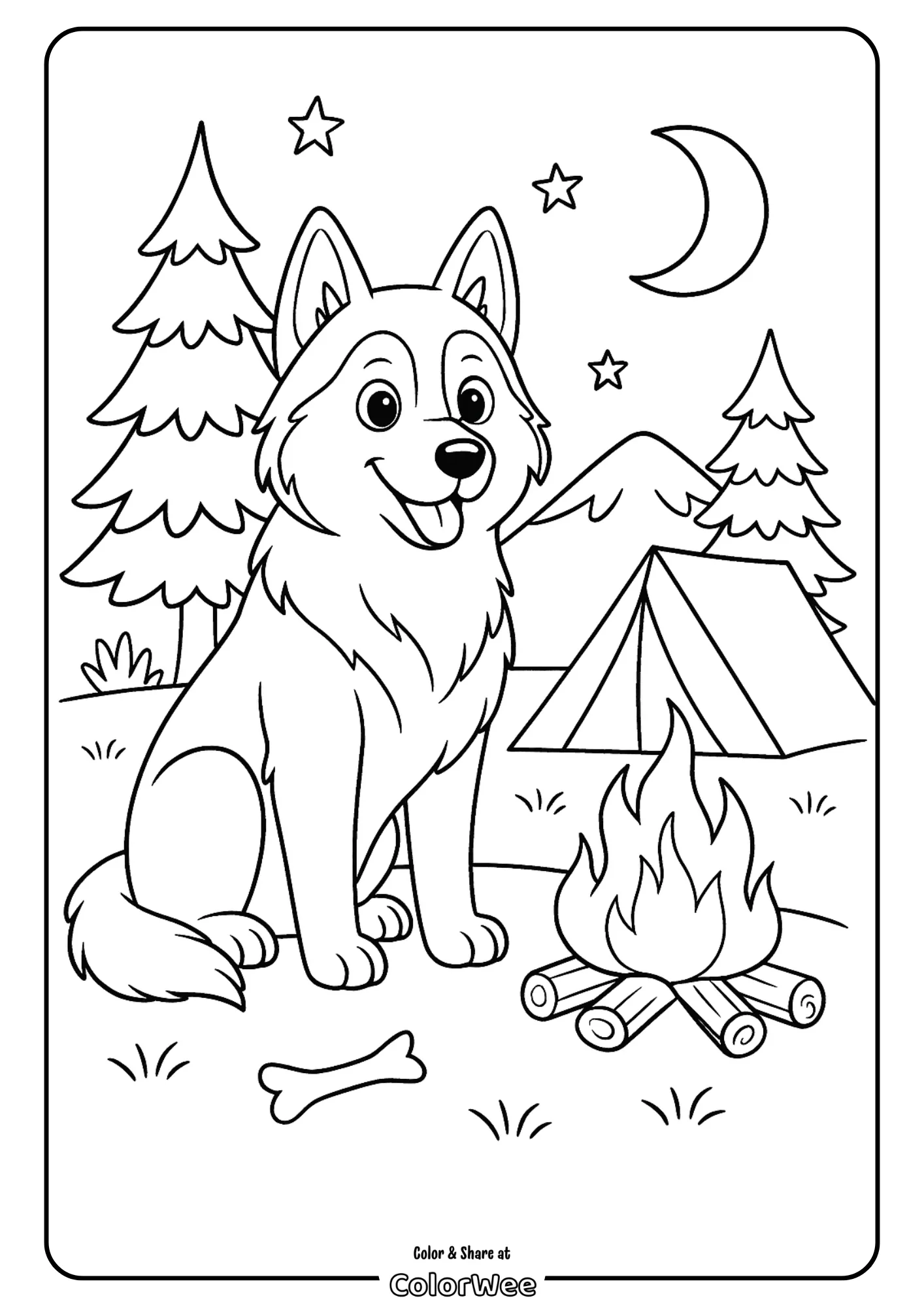 Husky at campfire coloring page with tent and trees.