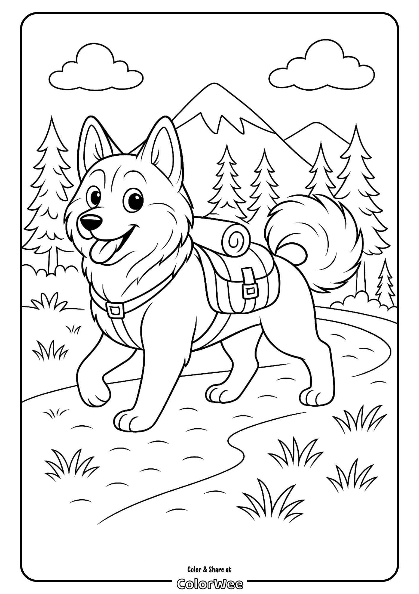 Husky with a backpack on trail Adventurous dog hiking in mountains coloring page for kids.