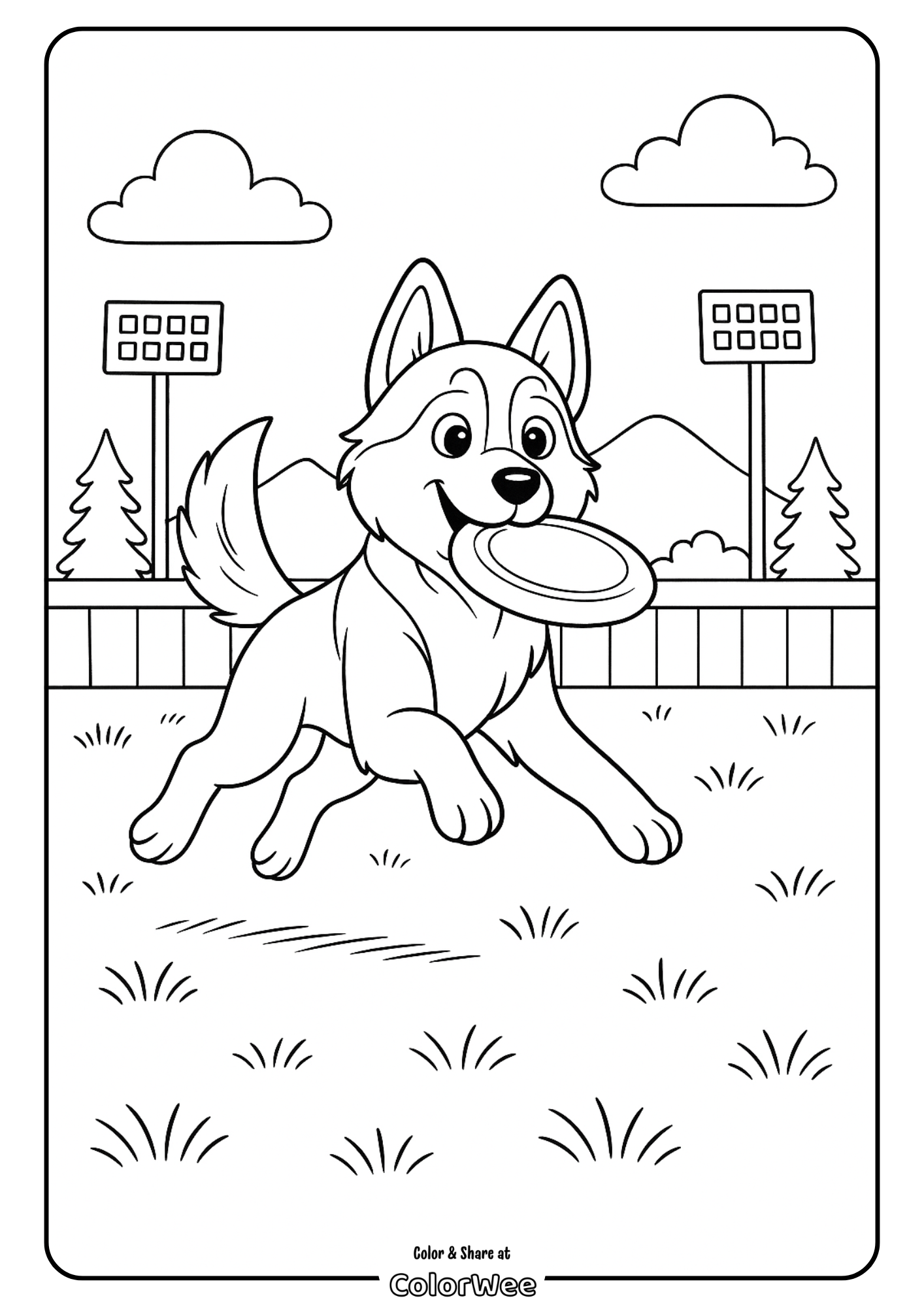 Husky with a frisbee Happy dog playing with a frisbee in a park coloring page.