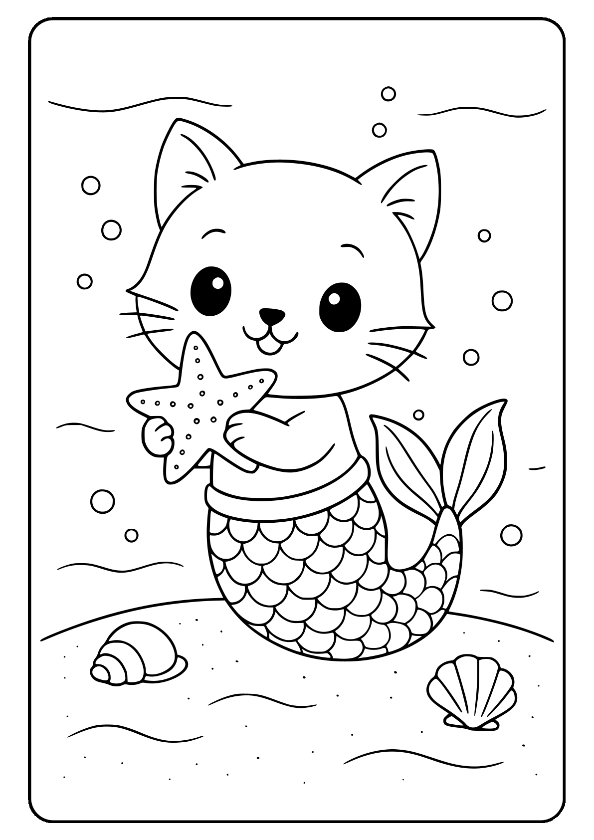 Kitten mermaid playing with a starfish Cute cat-mermaid holding a starfish underwater coloring page.