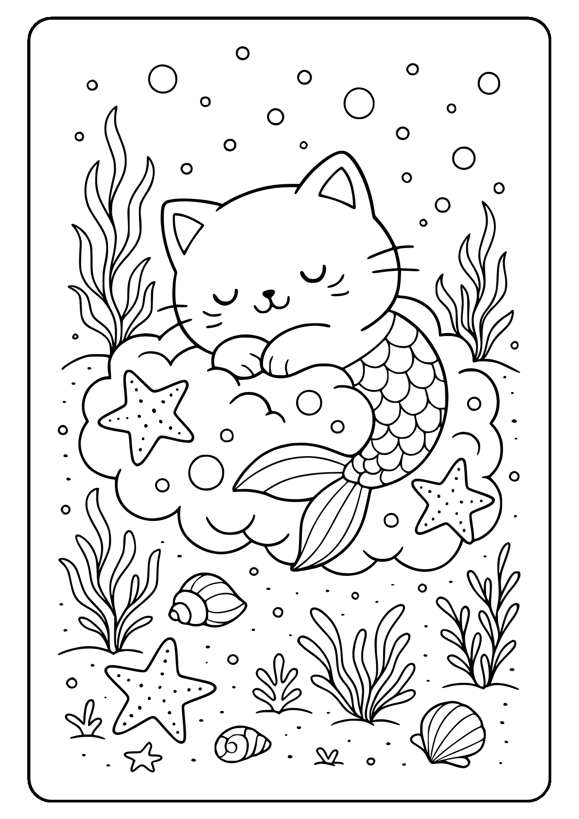 Kitty mermaid coloring page Mermaid cat sleeping among starfish and seashells coloring page.