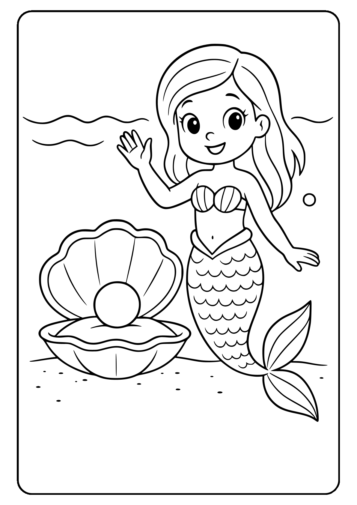 Mermaid waving next to a giant clam Mermaid coloring page with pearl and shell illustration.