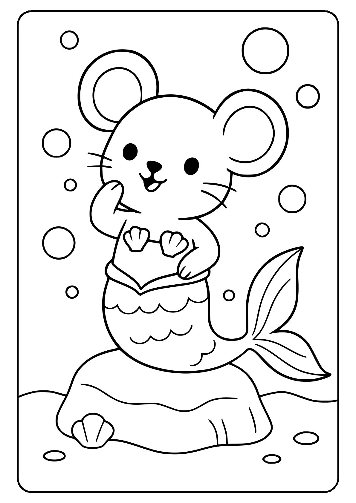 Mouse mermaid blowing bubbles Cute mouse mermaid coloring page with bubbles and seashell.