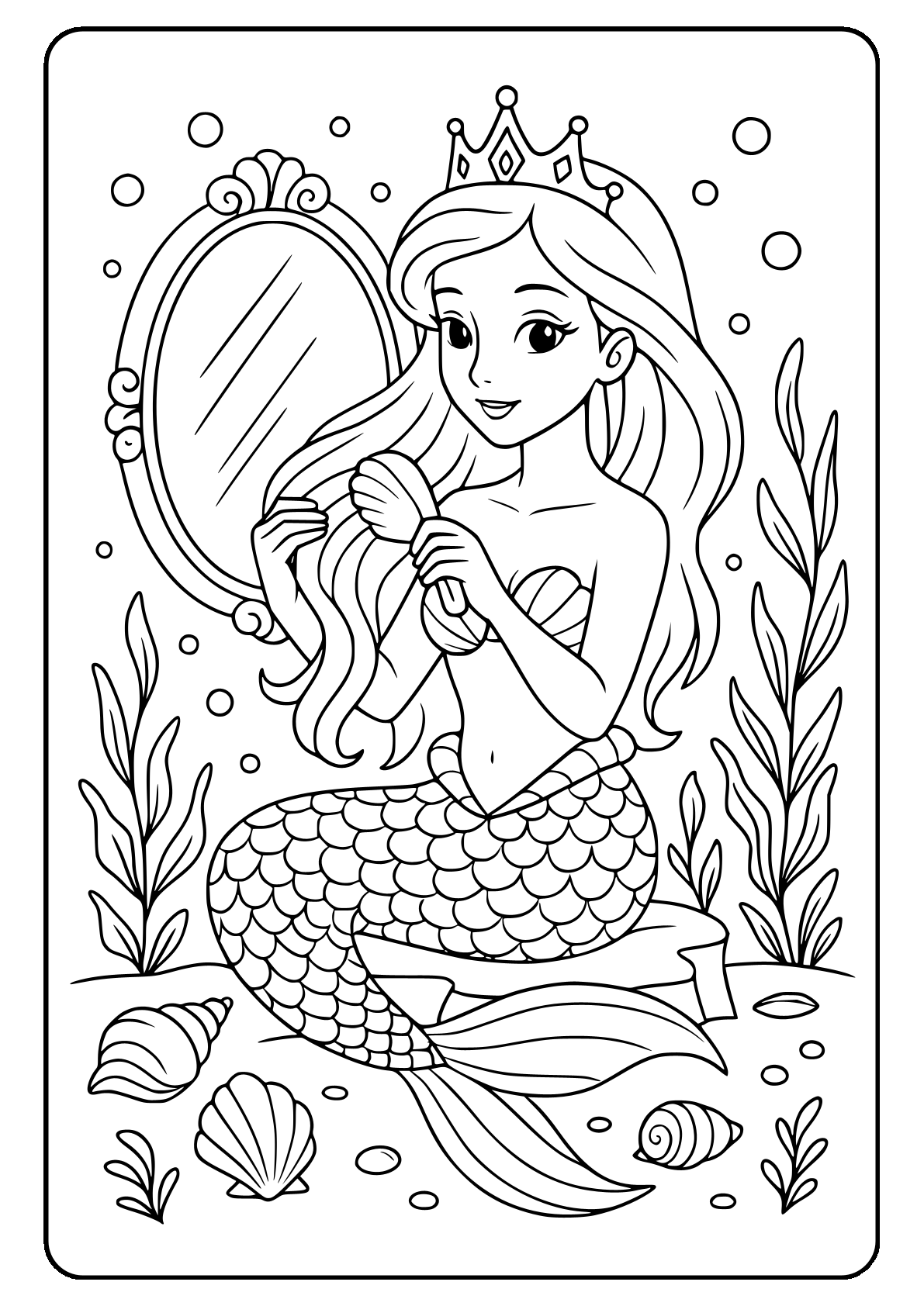Princess mermaid coloring page Mermaid coloring page with mirror and seashells.