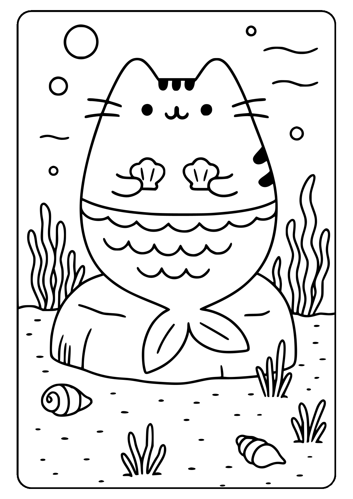 Pusheen mermaid smiling on a rock Cute mermaid cat coloring page with seashells and underwater scene.