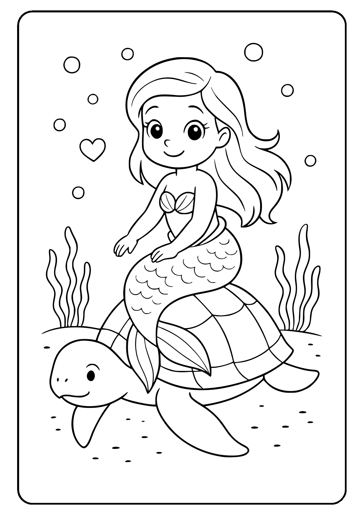 Simple mermaid riding a sea turtle Mermaid riding a sea turtle coloring page for kids.