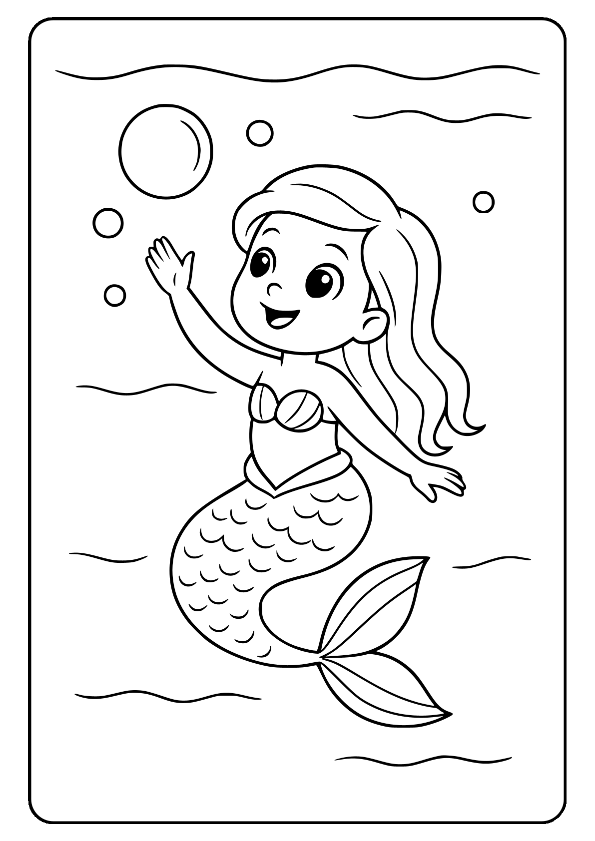 Smiling mermaid popping bubbles Mermaid coloring page with bubbles and sea waves.