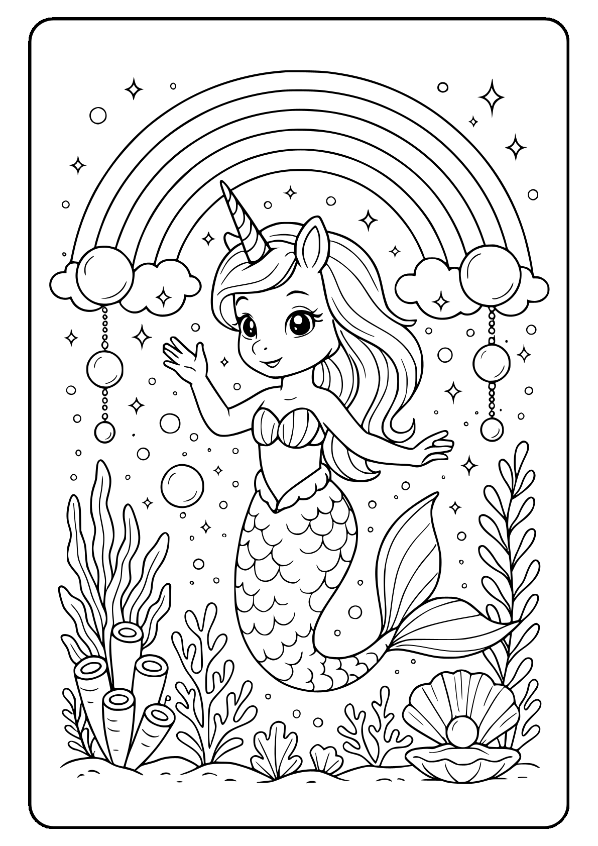 Unicorn mermaid coloring page Cute mermaid unicorn under rainbow coloring page for kids.