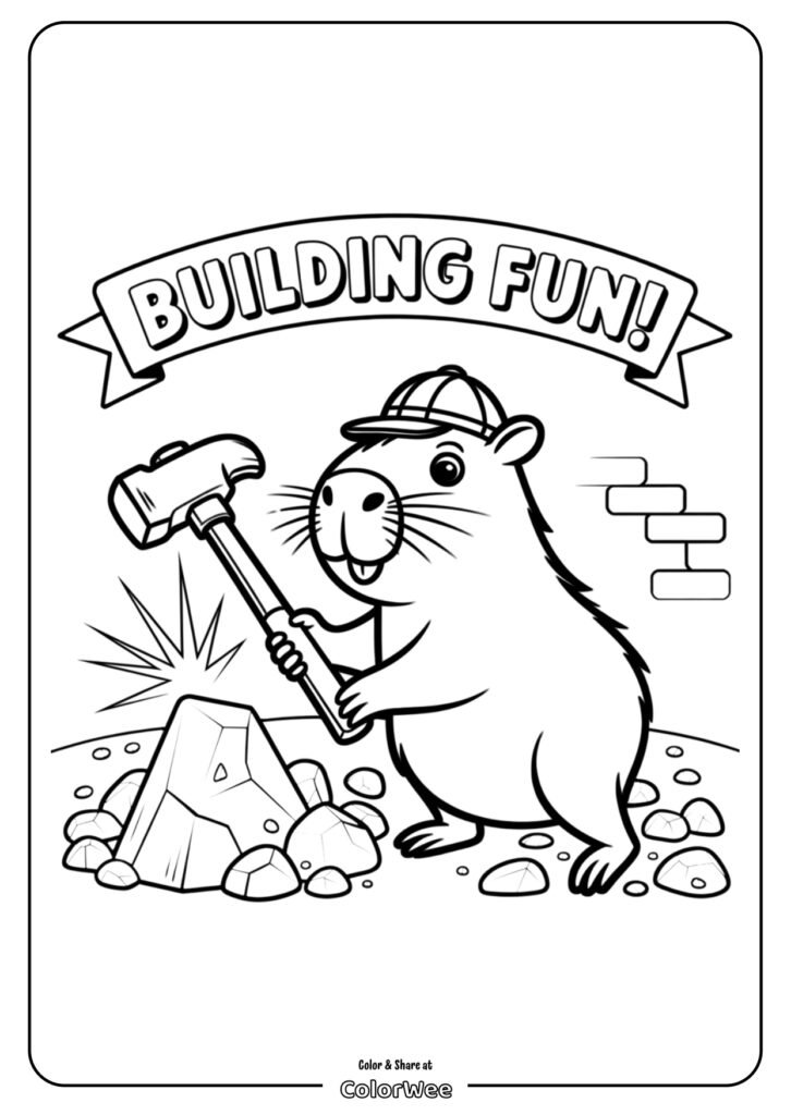 baby capybara build coloring page page 0001 Beaver with a hammer building rocks, Building Fun coloring page.