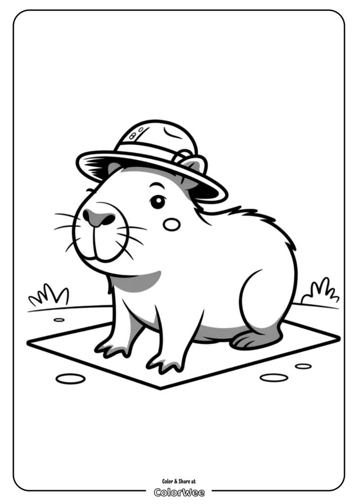 baby capybara exercise coloring page page 0001 Cartoon capybara coloring page wearing a cute explorer hat.