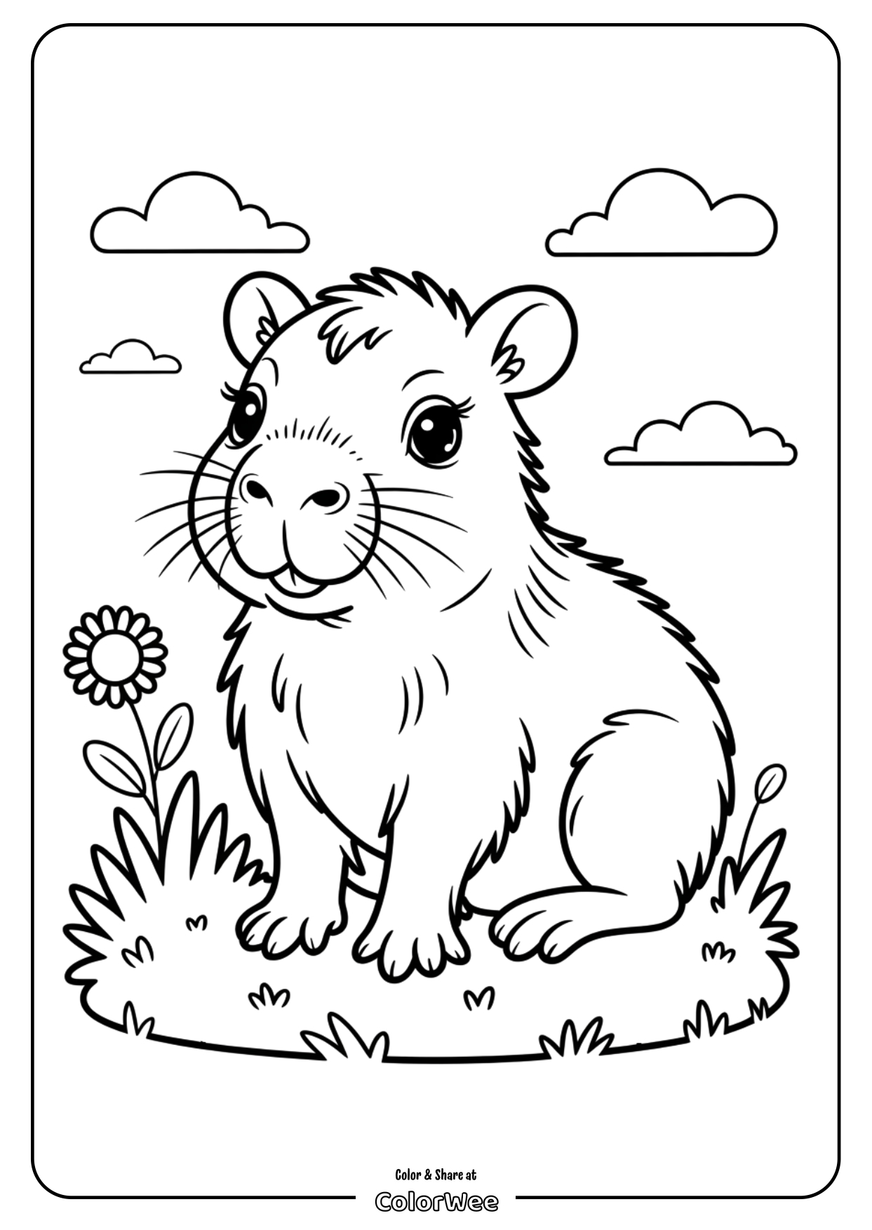 Cute capybara coloring page with clouds and a flower.
